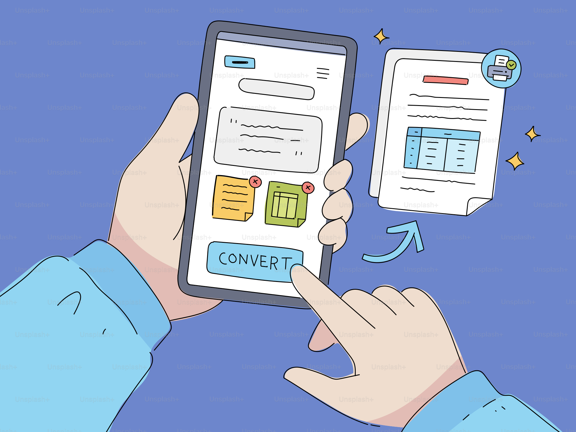 Manos usando el teléfono para convertir documentos con icono de impresora.