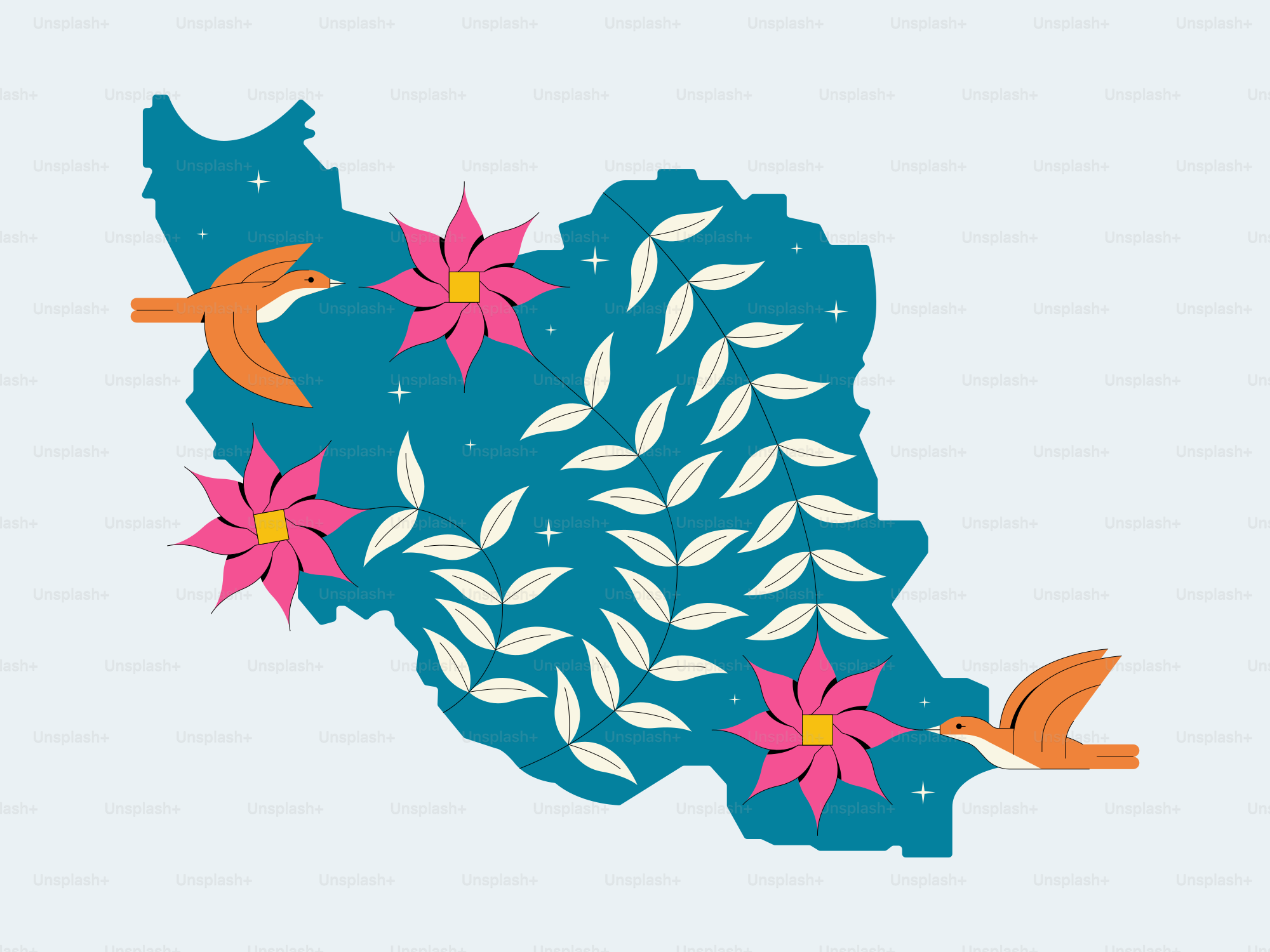 Map of iran with flowers and birds