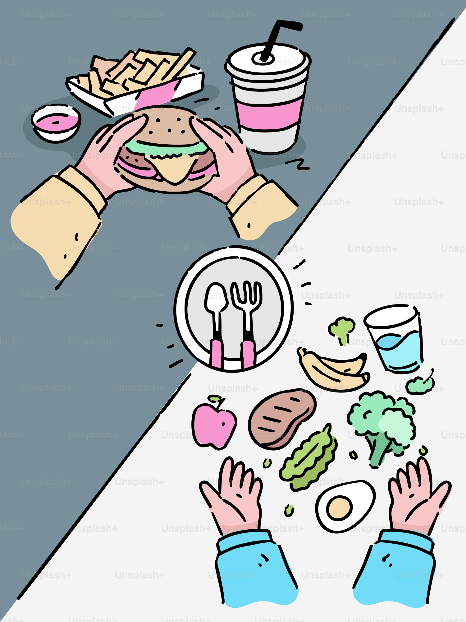 Comida saludable frente a opciones poco saludables de comida rápida