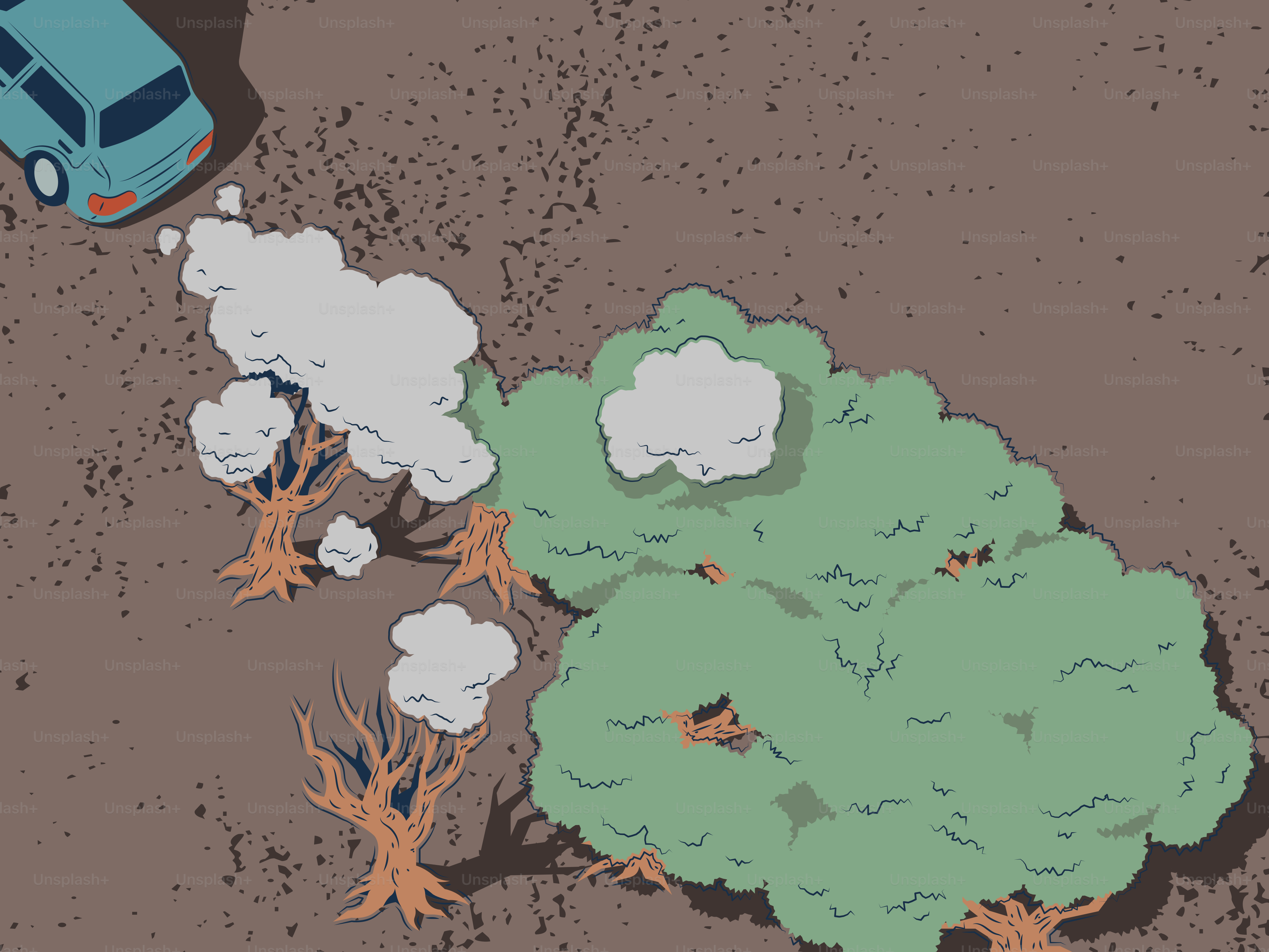 Ein Auto, das an Bäumen vorbeifährt, mit Rauch.