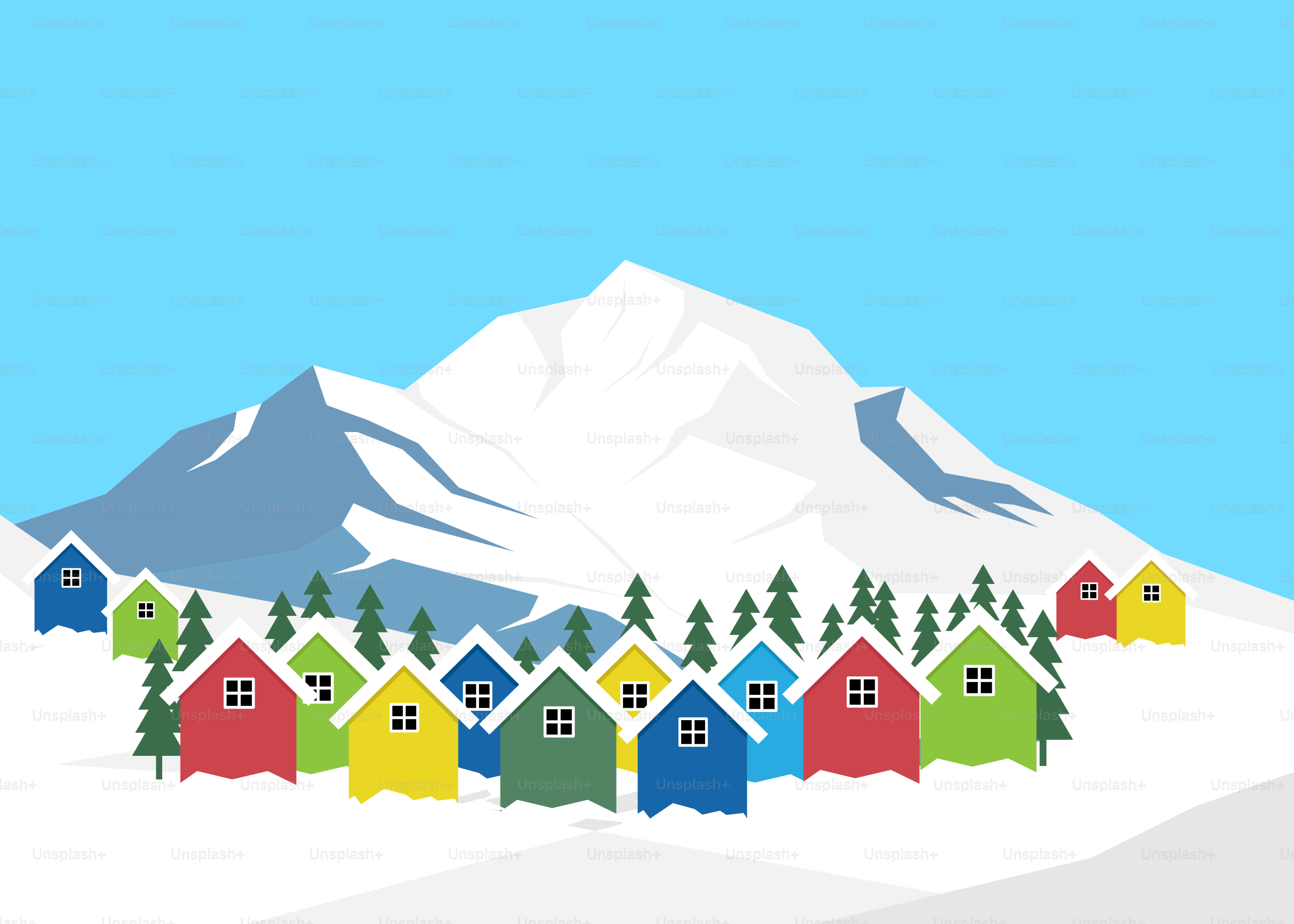 Bunte Häuser in einem verschneiten Bergdorf.