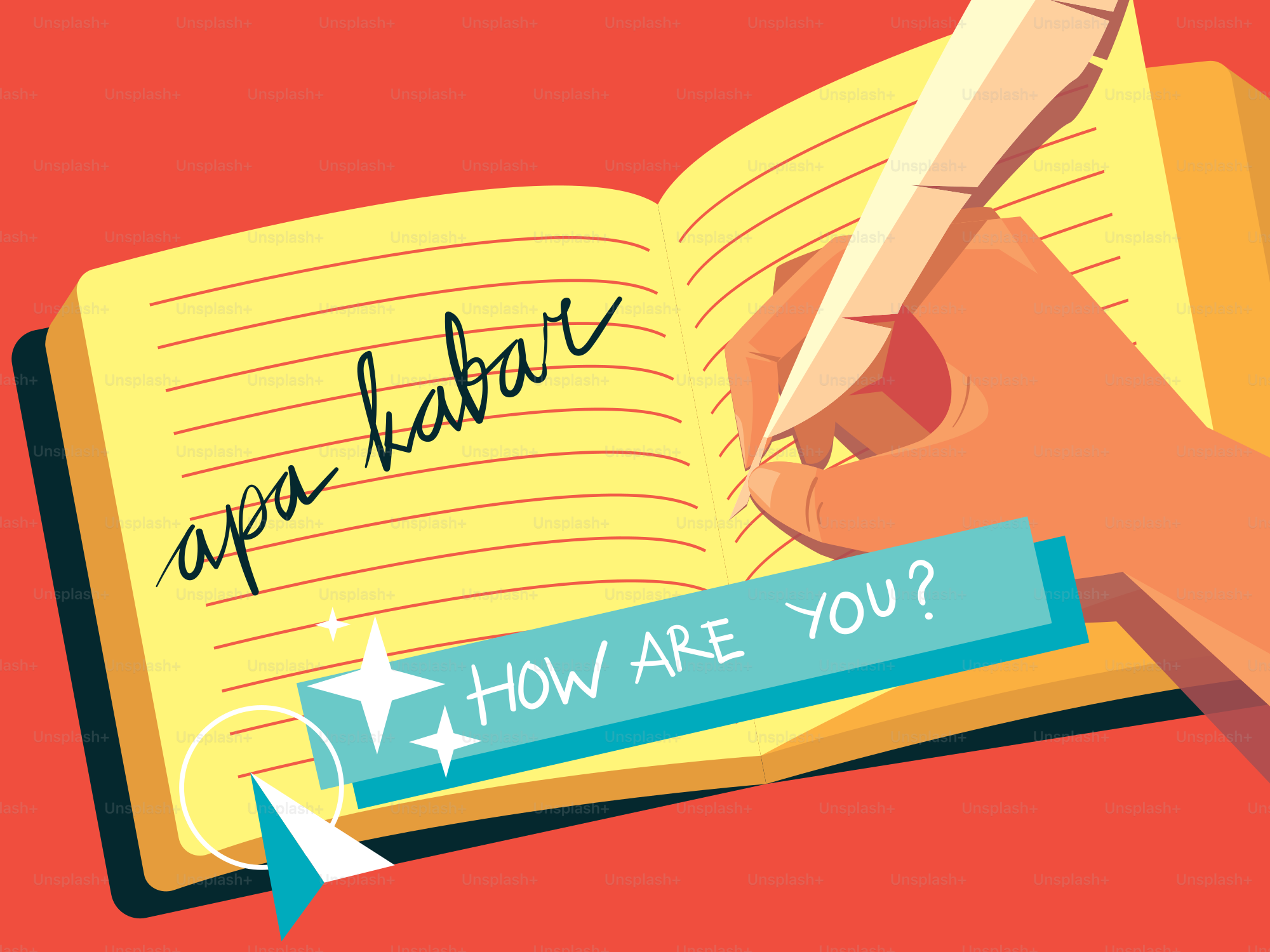 Écriture manuscrite « apa kabar » et « comment ça va ? » dans le livre