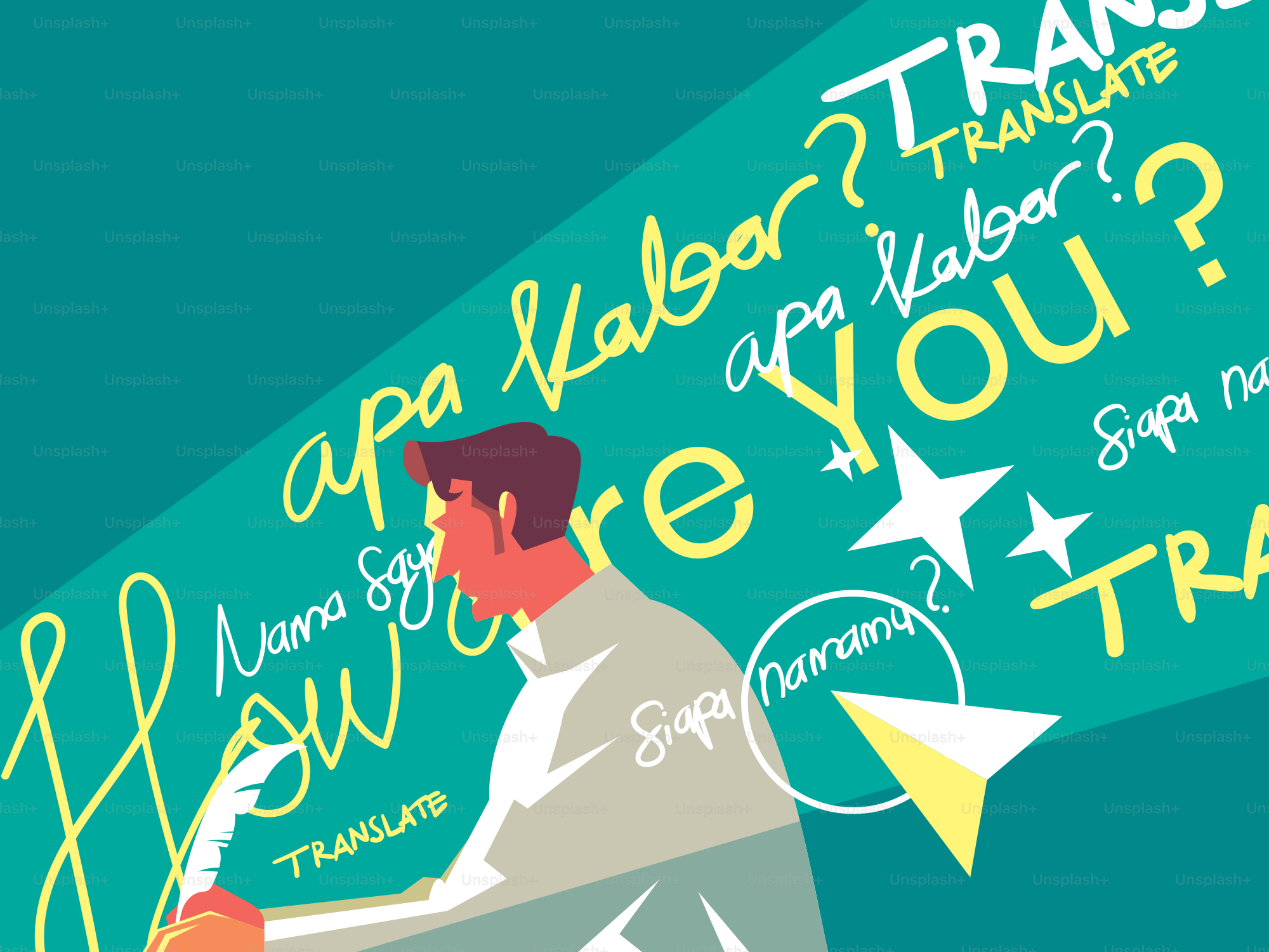 Homme écrivant avec des mots de traduction en arrière-plan