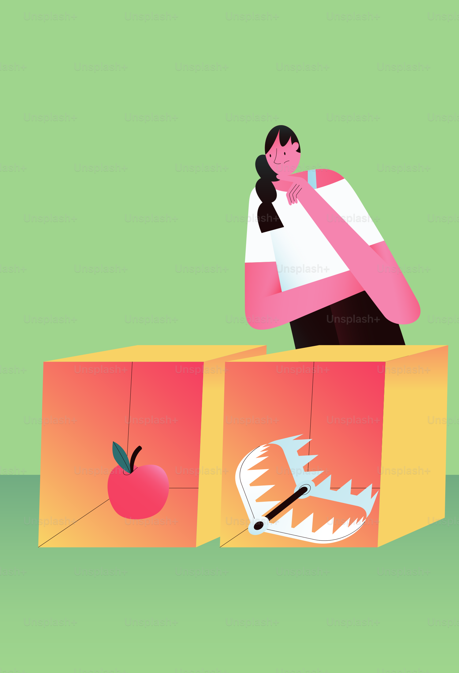 Une femme au téléphone regarde un piège à pomme et à ours.