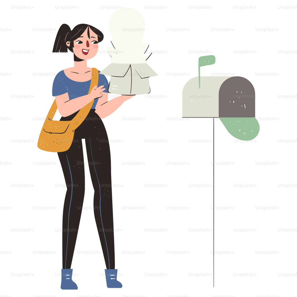 Woman holding open box near mailbox