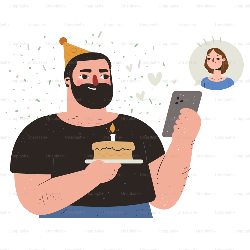 Pria merayakan ulang tahun dengan kue dan panggilan video