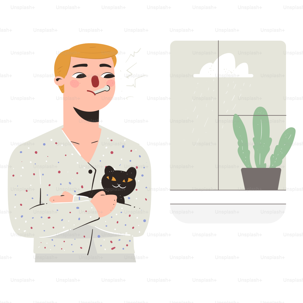 Man in pajamas holding a black cat by the window