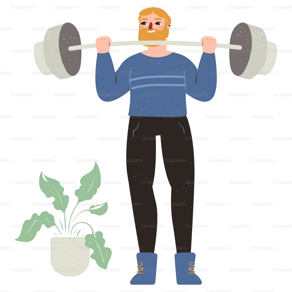 Man lifting weights with a plant nearby.