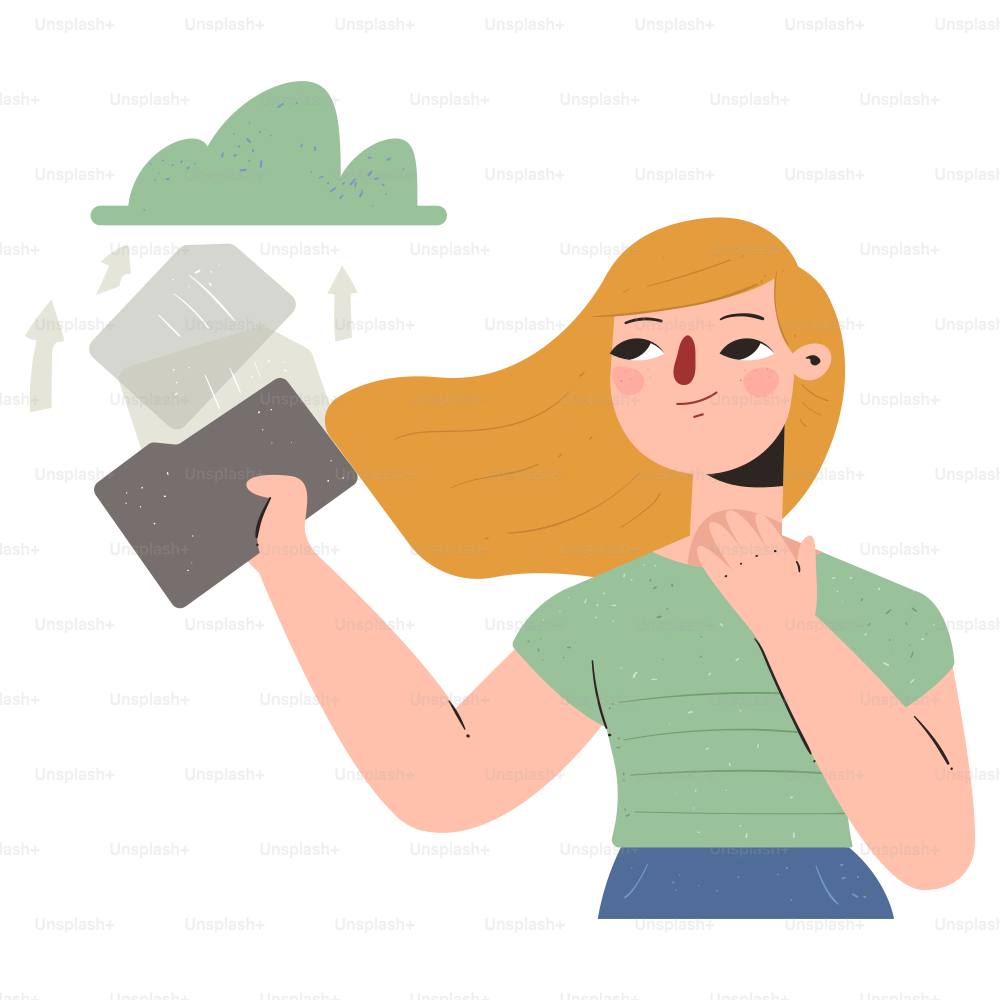 Woman holding folder with papers flying out