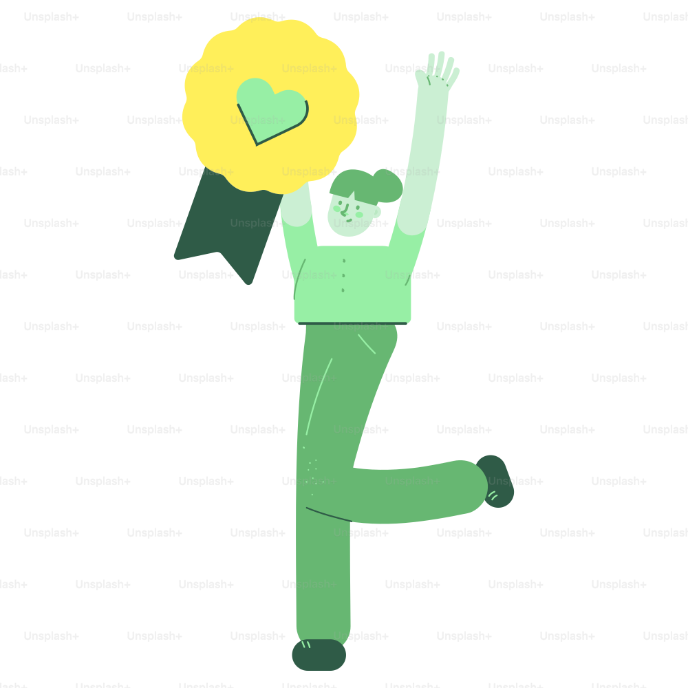 Person holding a yellow award ribbon with a green heart.