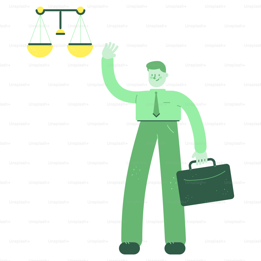 Man in suit waves near scales of justice