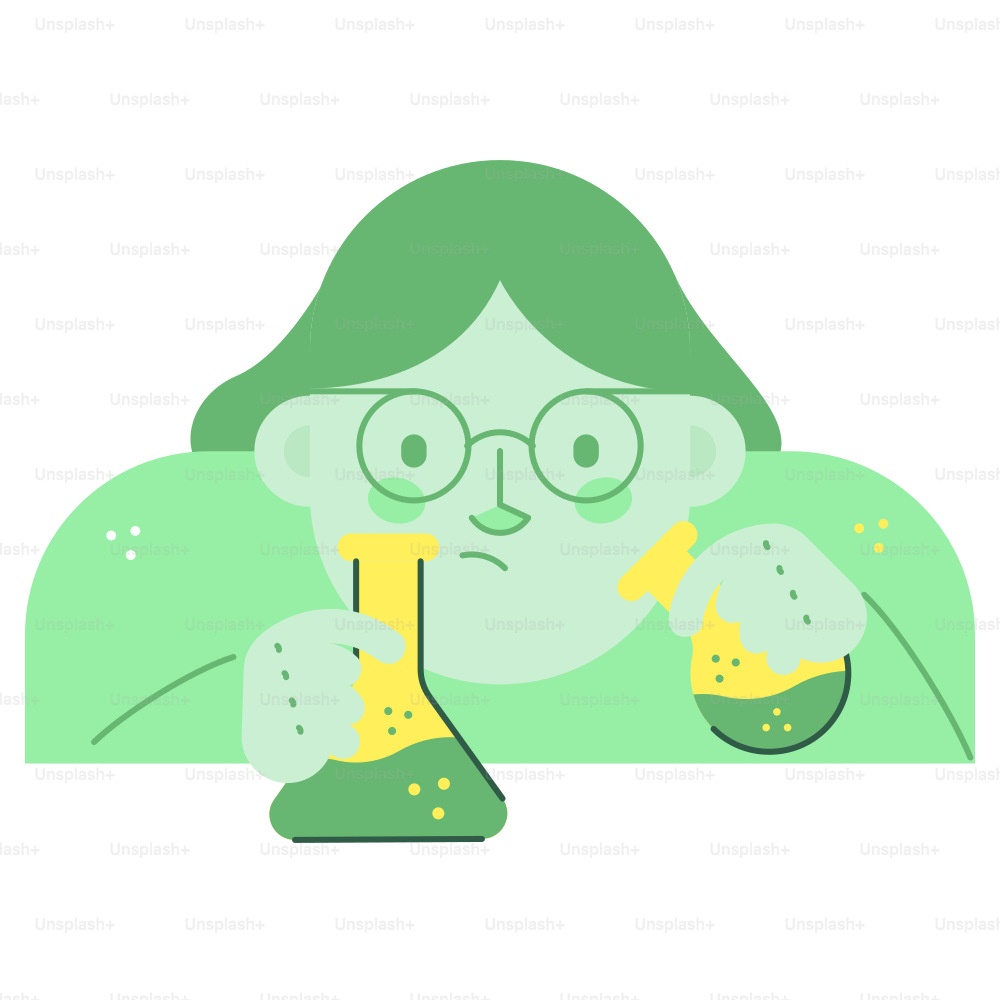 Person in glasses holding laboratory flasks