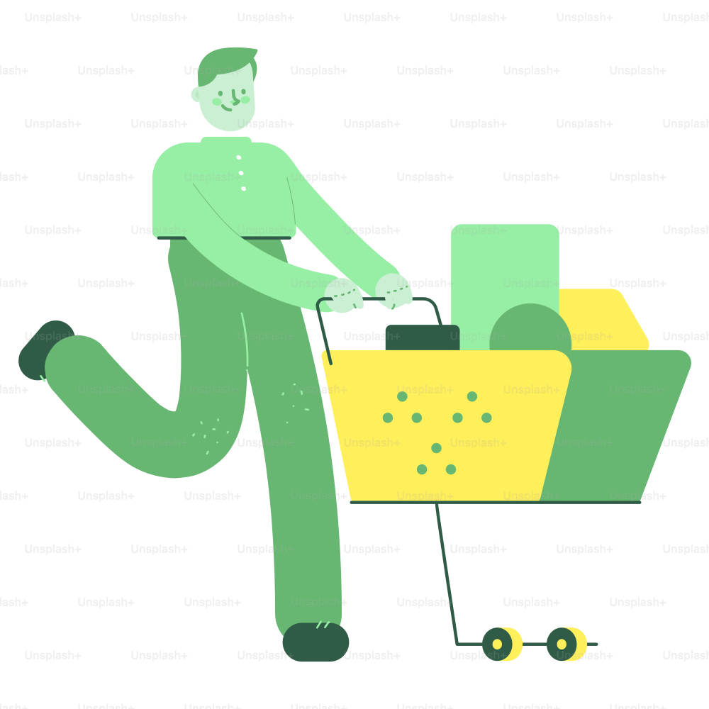 Mann, der einen Einkaufswagen mit Lebensmitteln schiebt