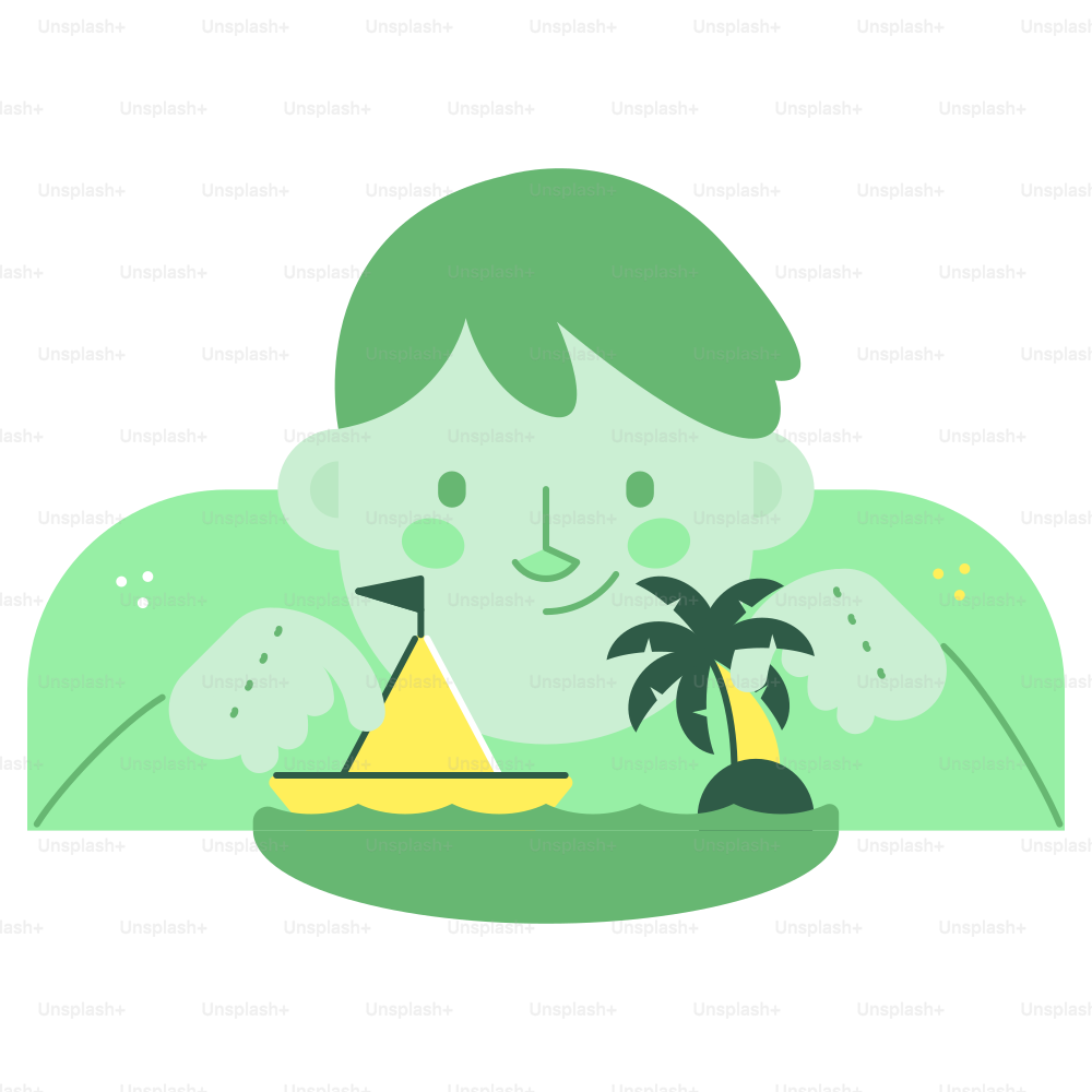 Una persona sosteniendo un pequeño velero y una isla de palmeras.