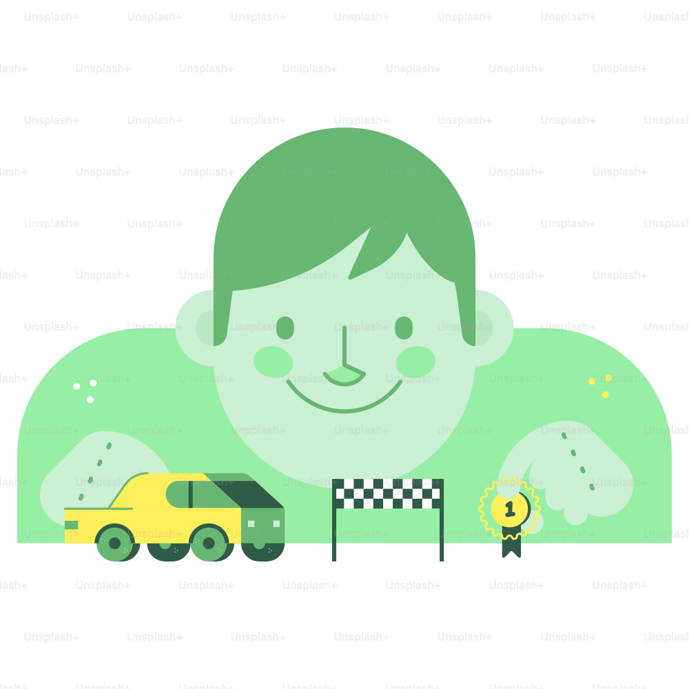 A stylized person with a toy car and checkered flag.