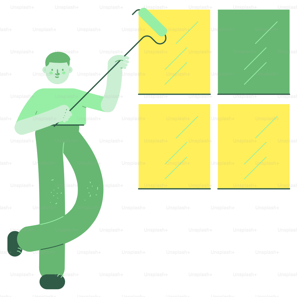 Man painting yellow and green squares on wall