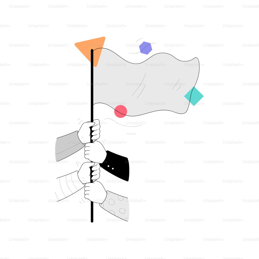 Multiple hands hold a flag with geometric shapes.