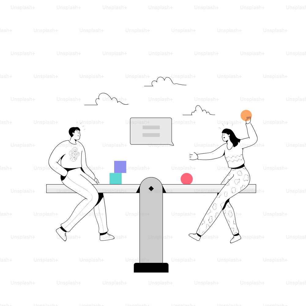 Two people playing on a seesaw with blocks and balls