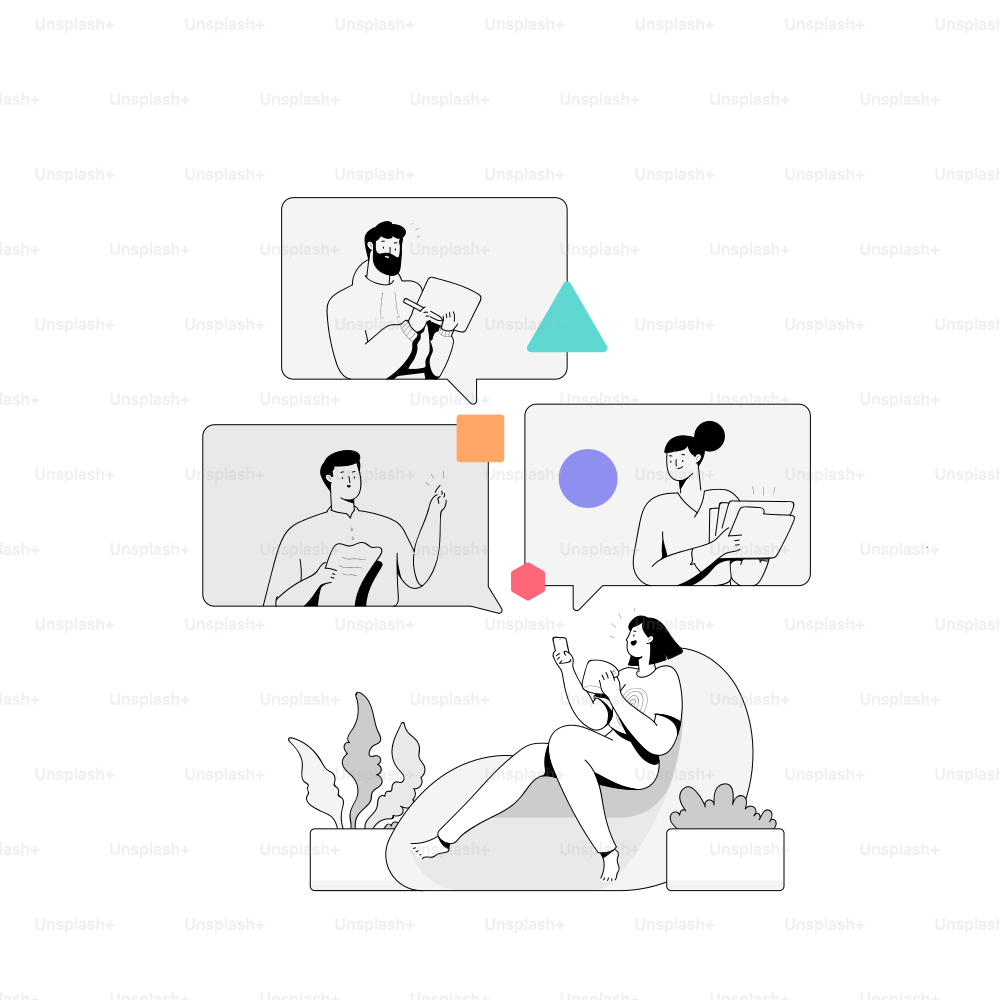 People communicating through digital devices and speech bubbles.