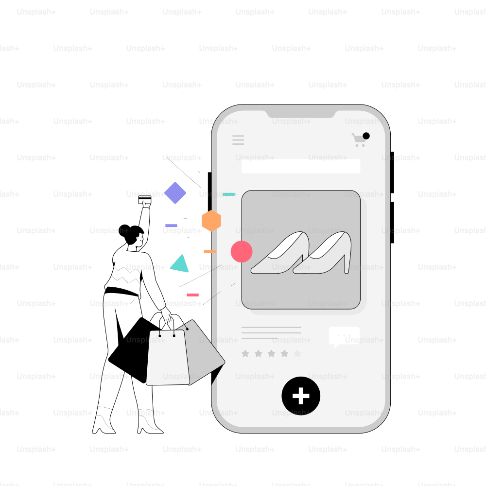 Woman with shopping bags near a smartphone displaying shoes