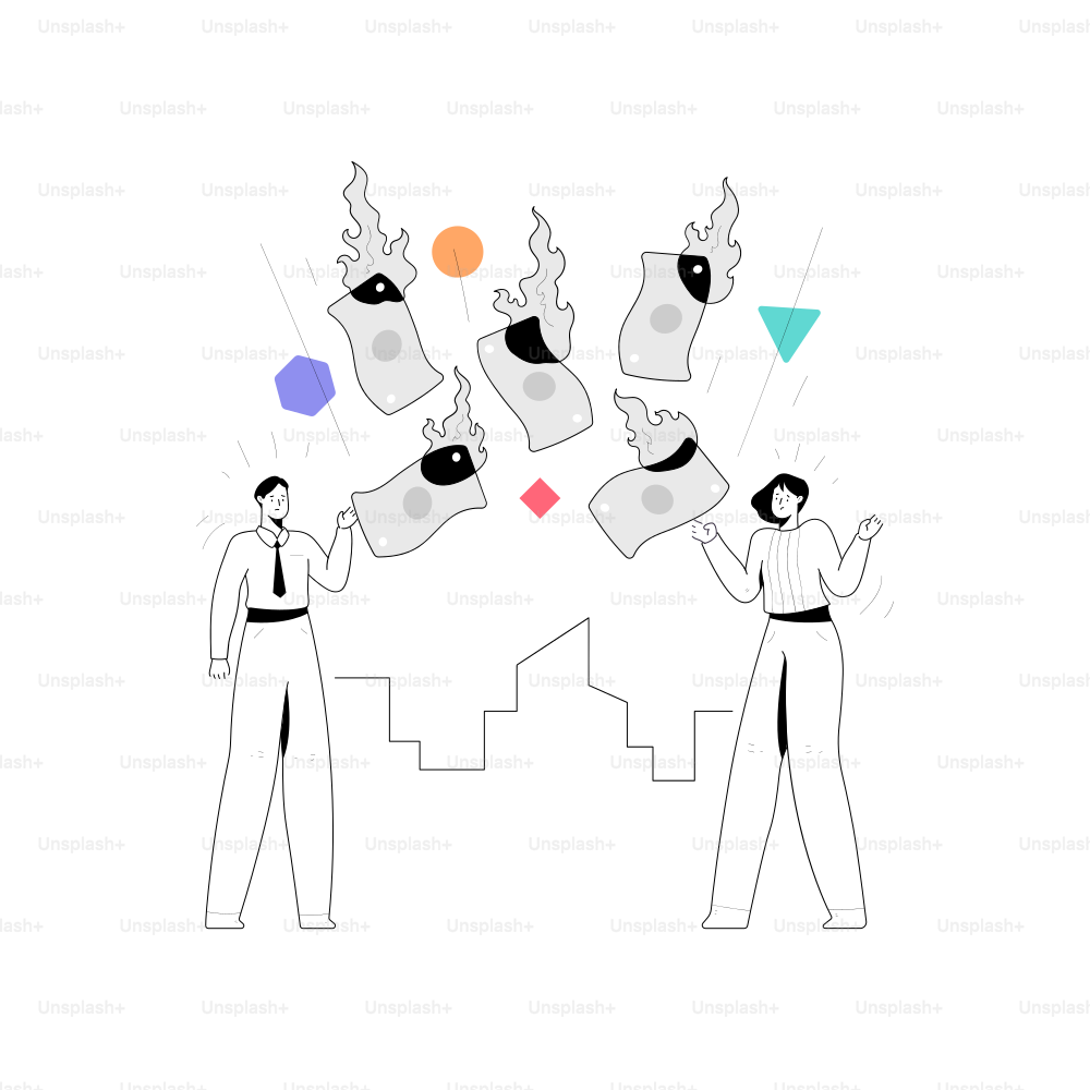 Die Leute sehen zu, wie Geld über einer Stadtsilhouette brennt.