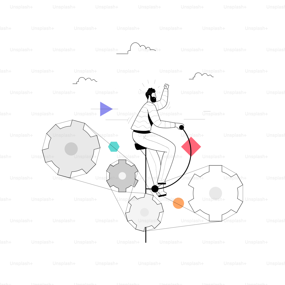 Man riding a bicycle with gears and shapes