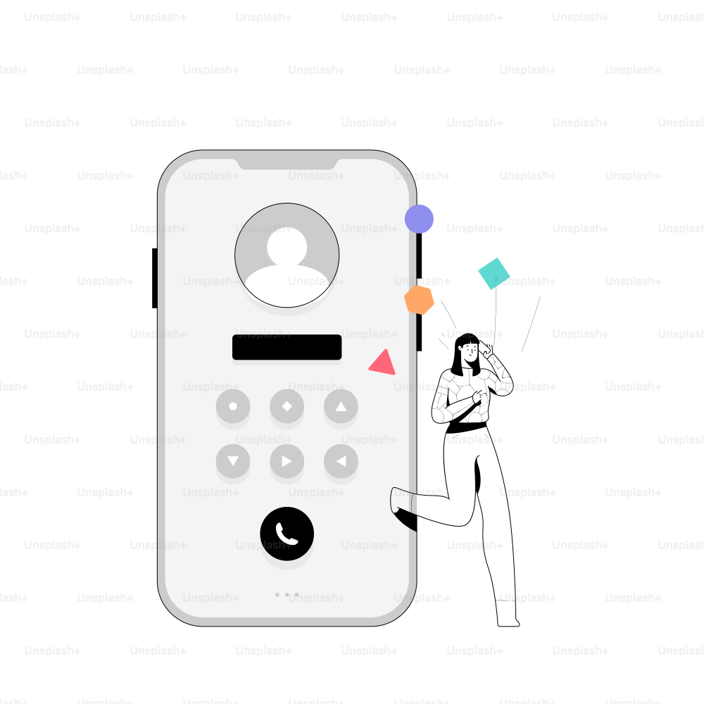 Woman near a large smartphone with contact icons.