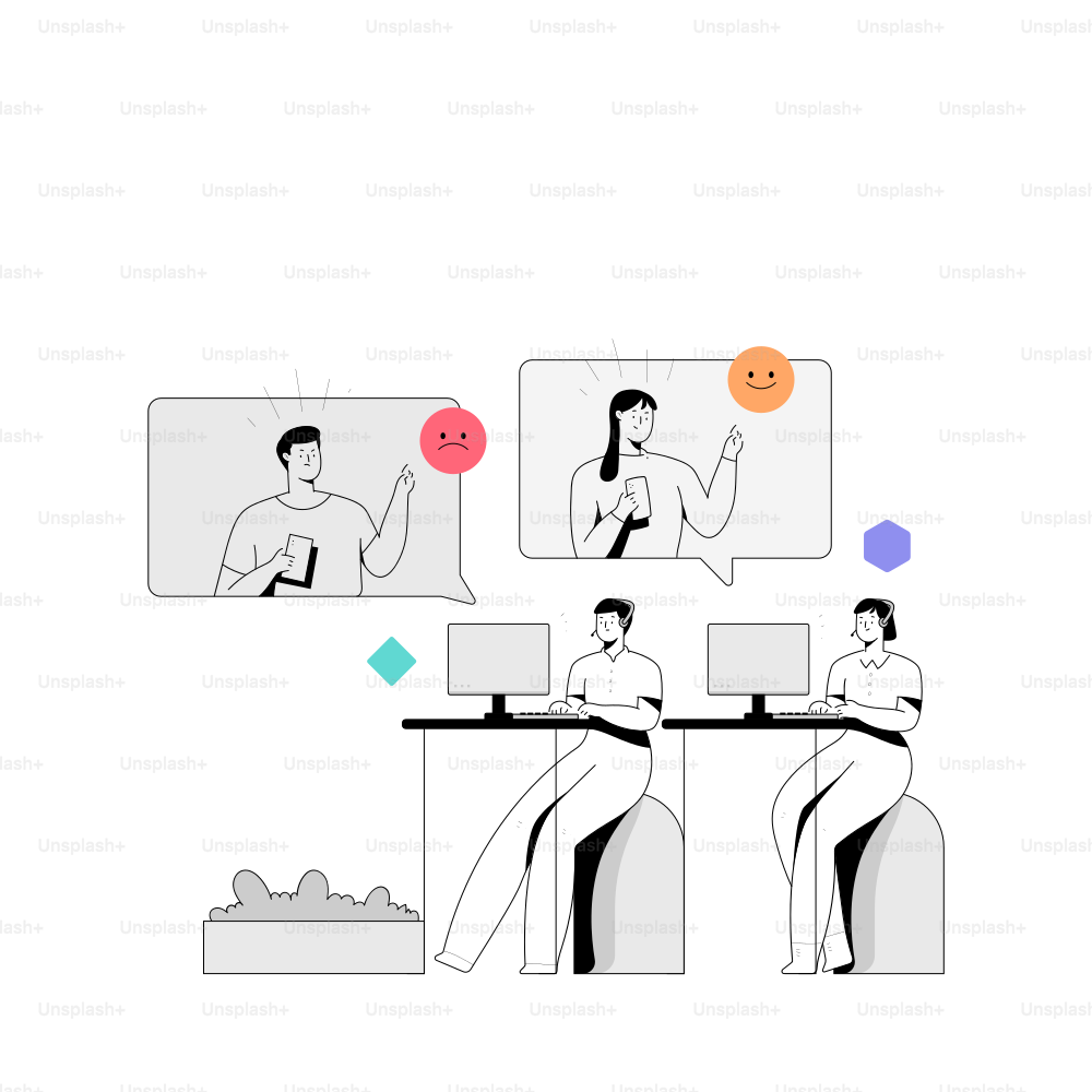 絵文字でコミュニケーションを取ったり、パソコンで作業したりする人たち。
