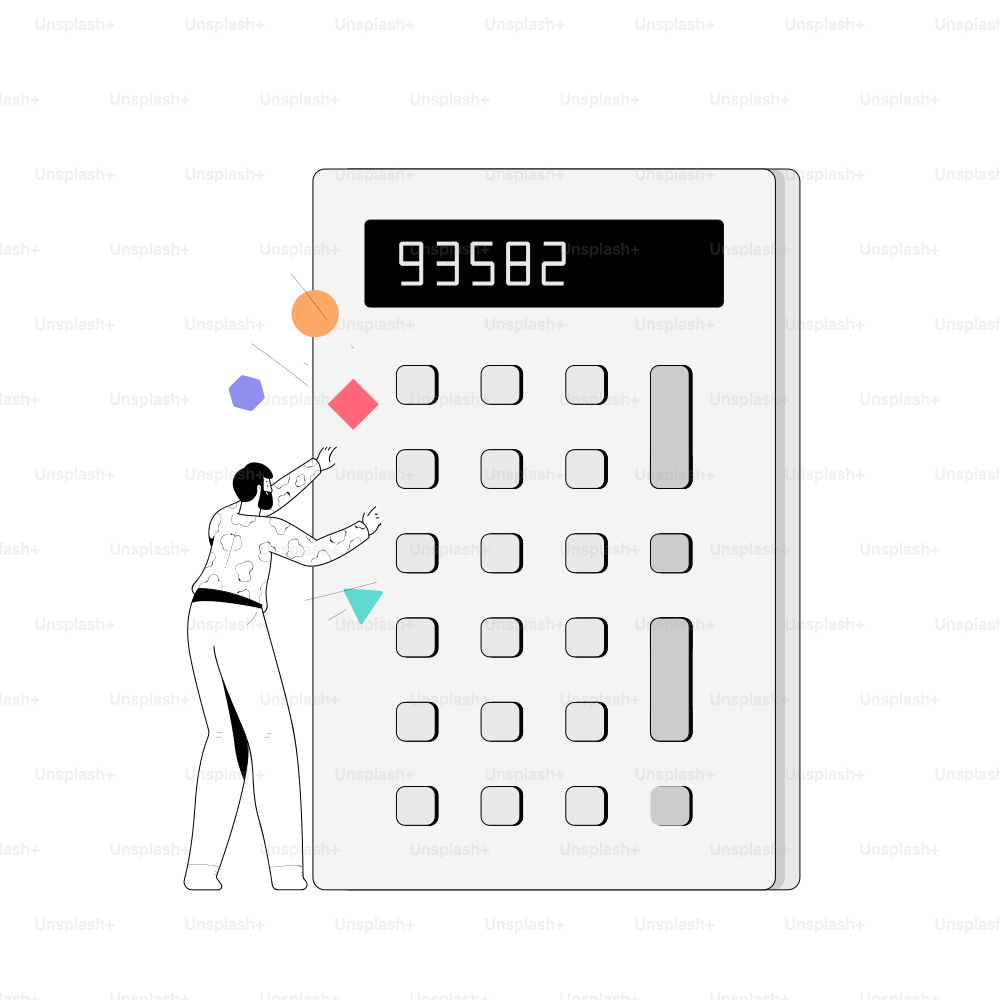 El hombre interactuando con una gran calculadora y formas coloridas
