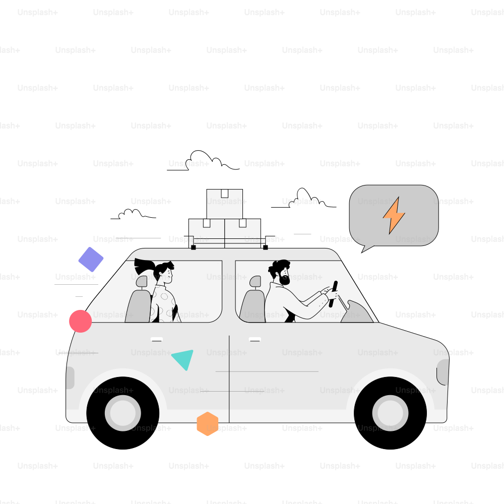 Two people in a car with luggage on top.