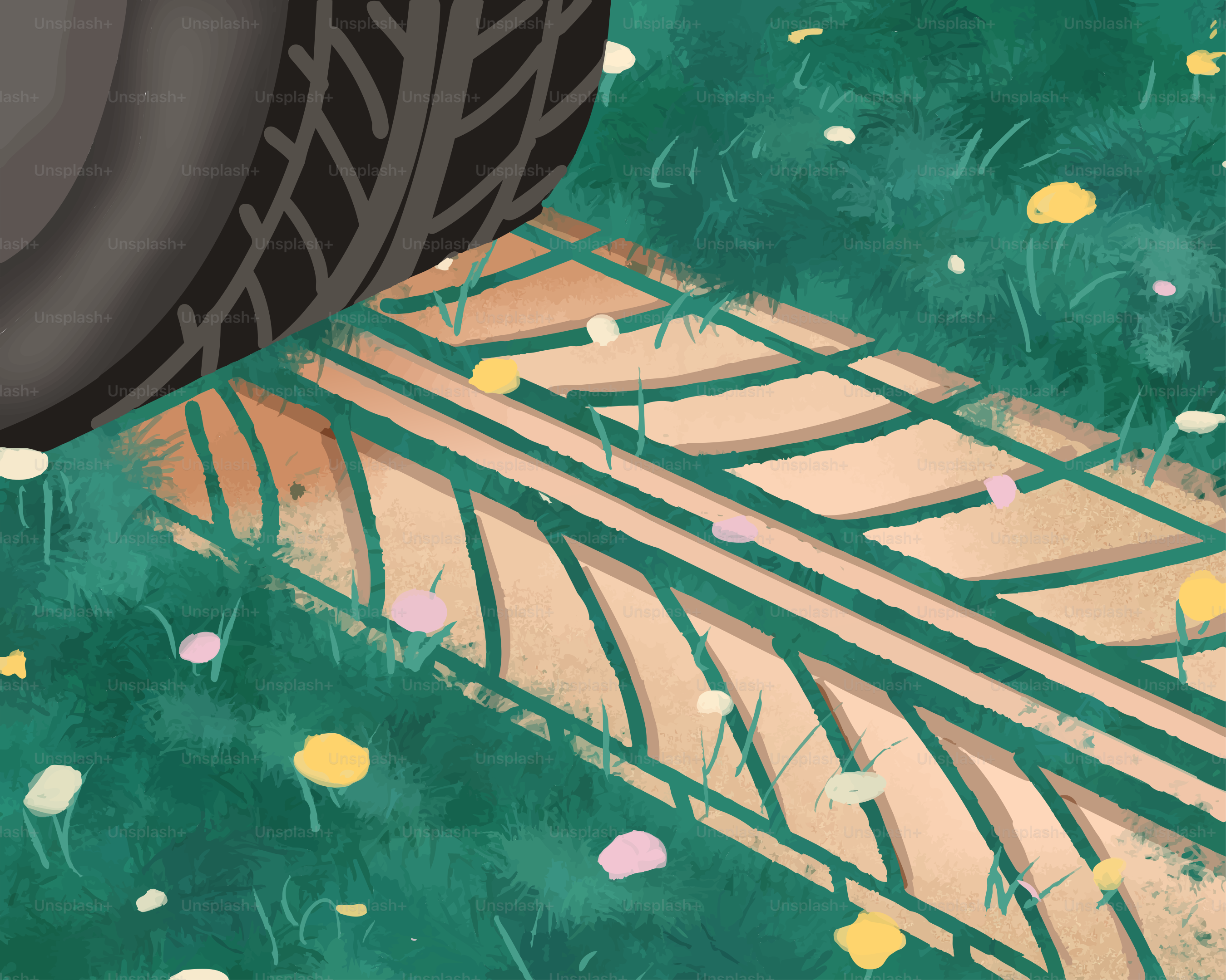 Tire track on grass with fallen petals