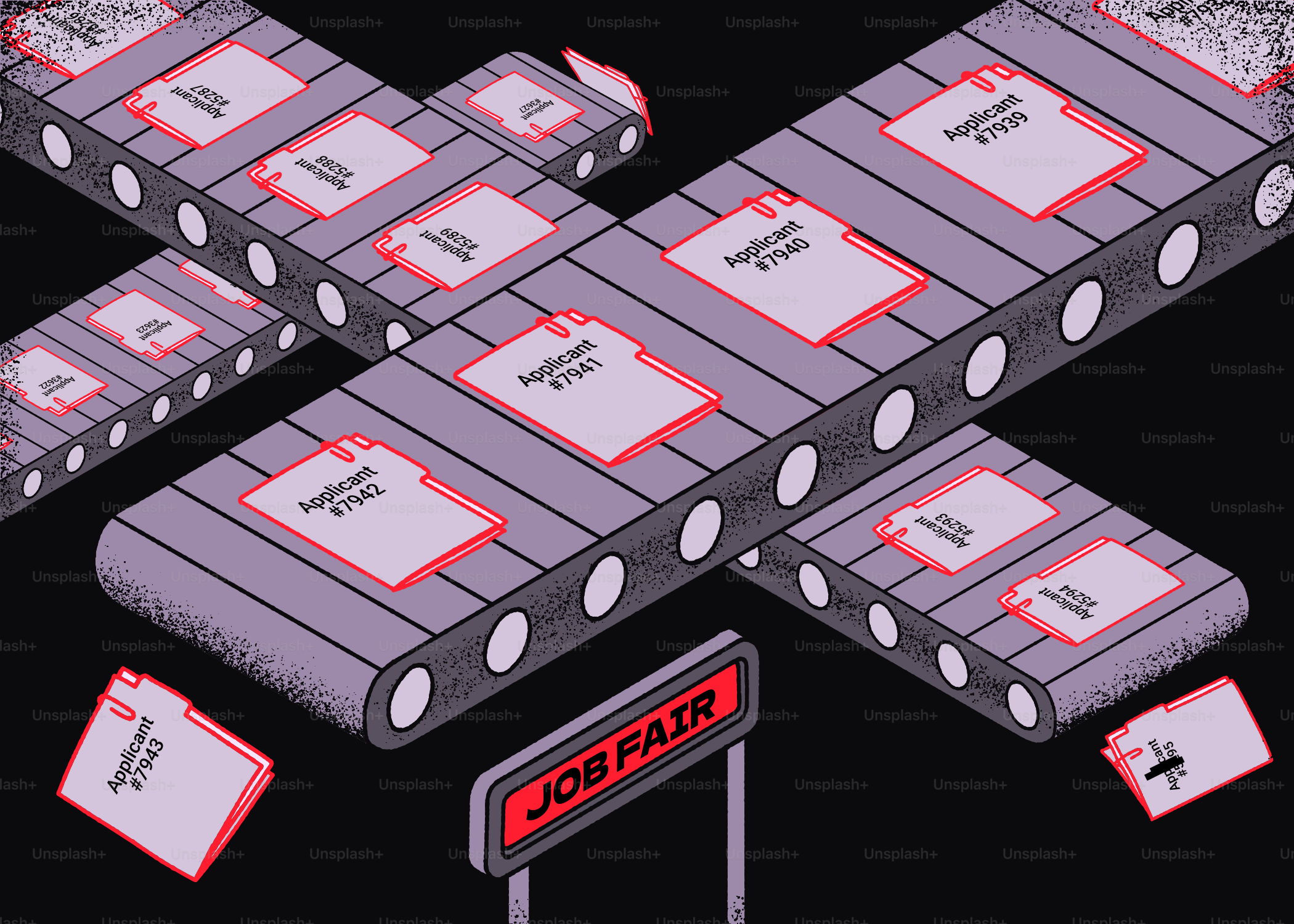 Bewerberformulare bewegen sich auf einer Jobmesse über Fließbänder.
