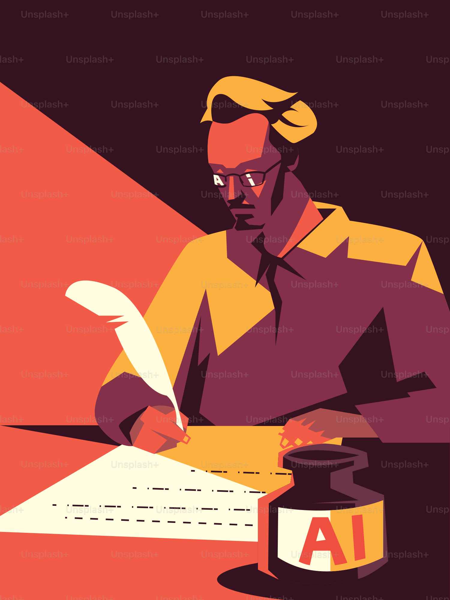 Homme à lunettes, écrivant avec une plume, un stylo et un encrier