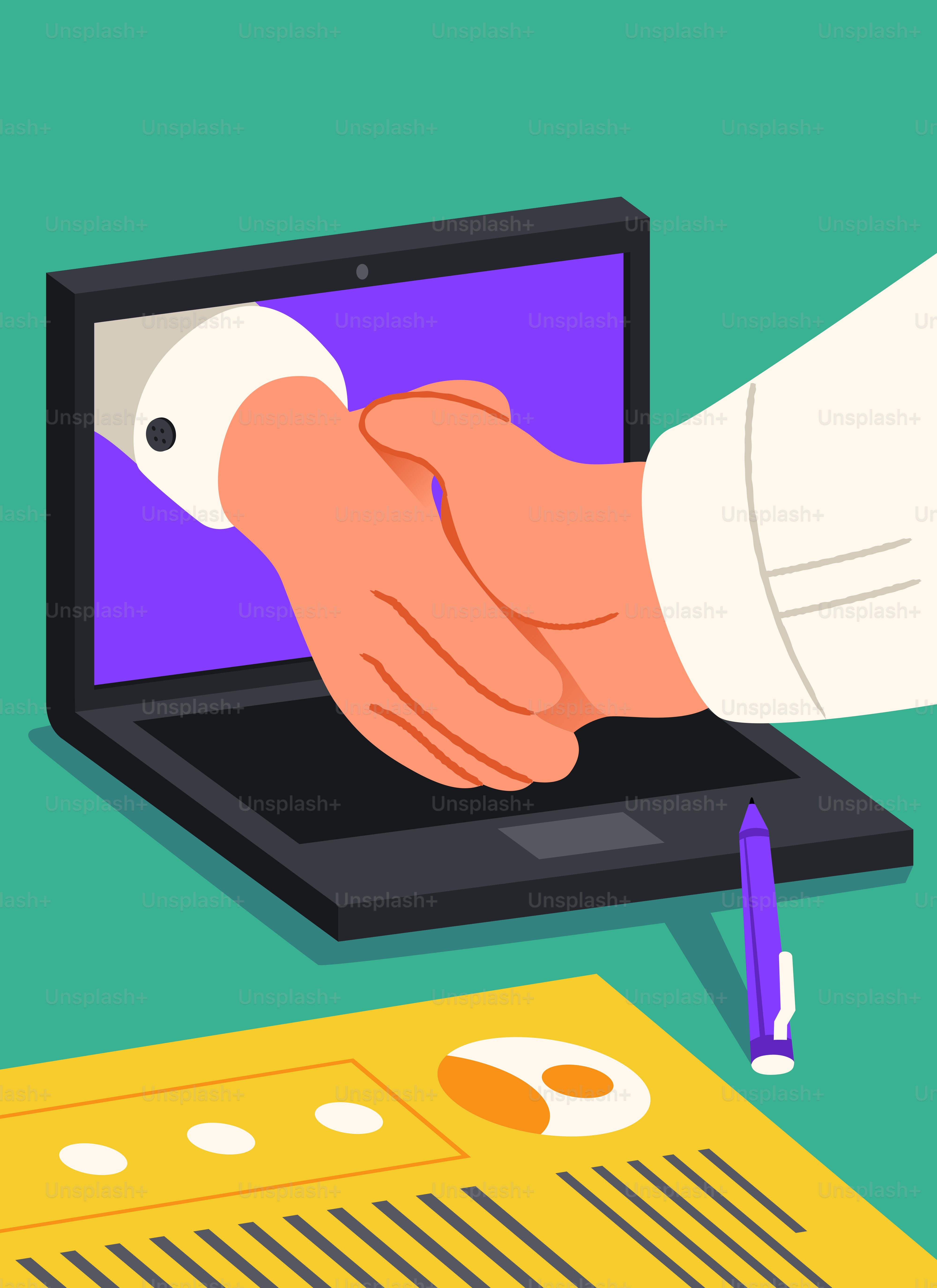 Hands shaking through laptop screen over business documents.