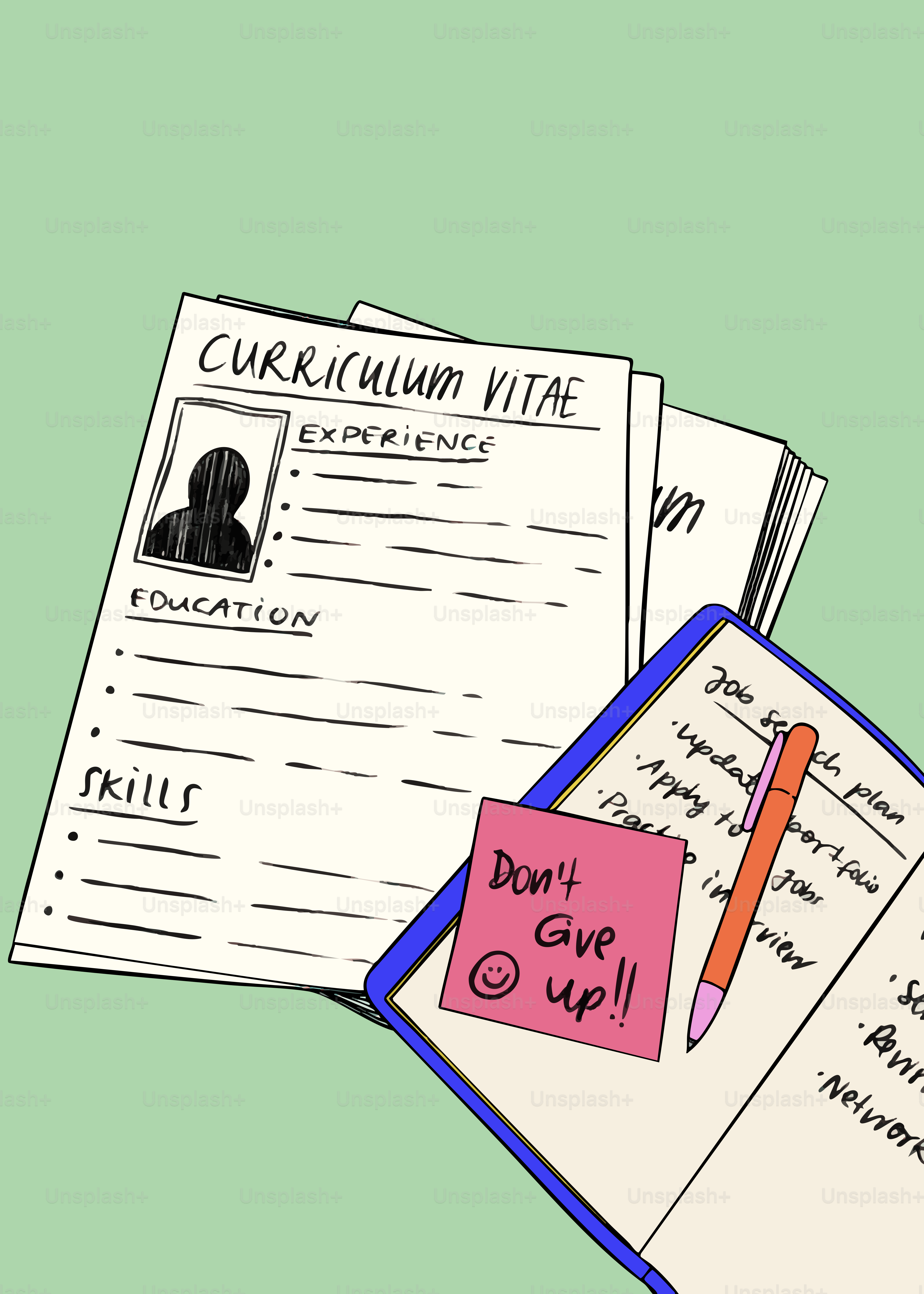 Lebenslauf und Notizbuch mit Plan für die Jobsuche.