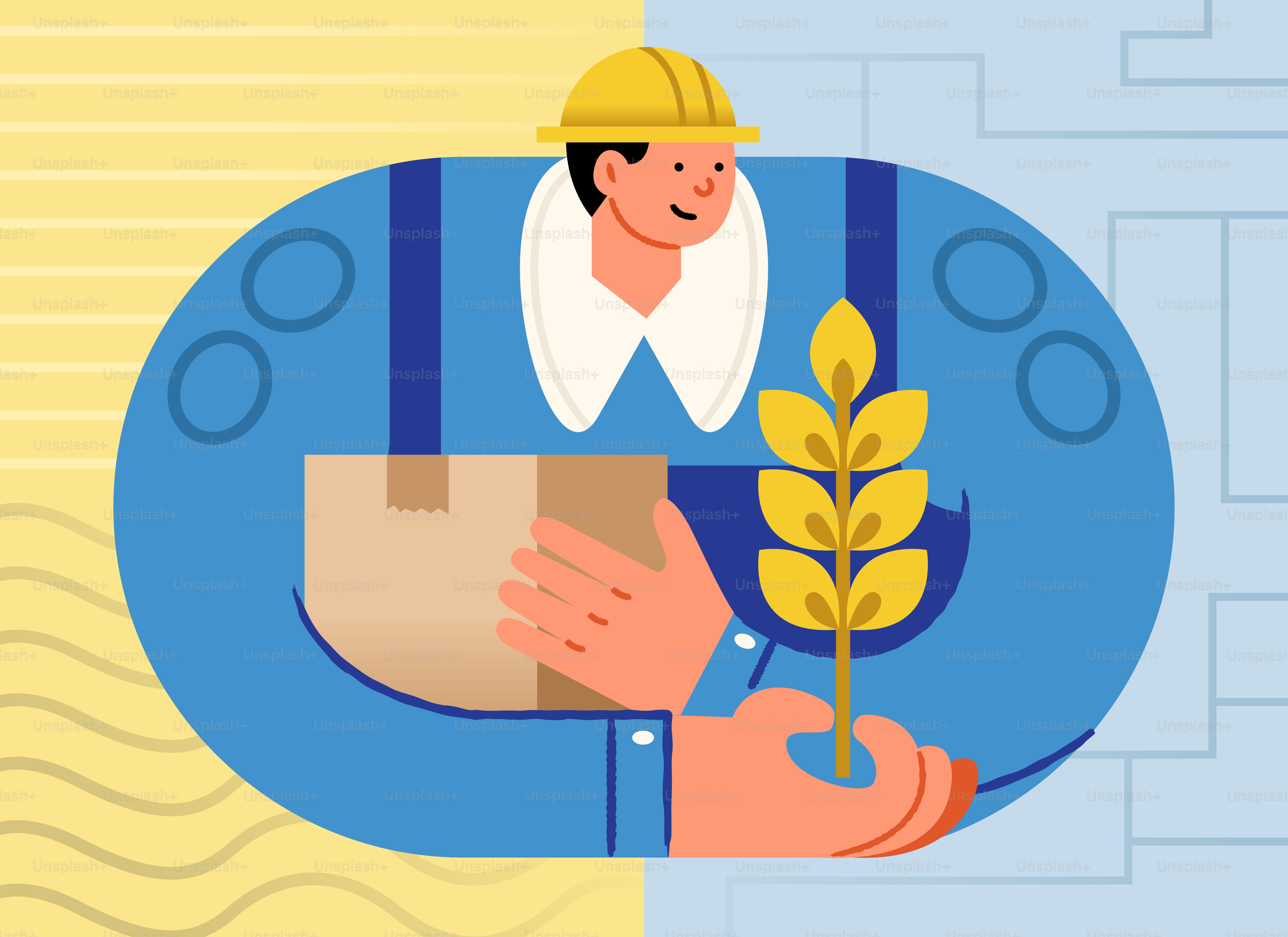 Arbeiter hält eine Kiste und einen Weizenstängel.