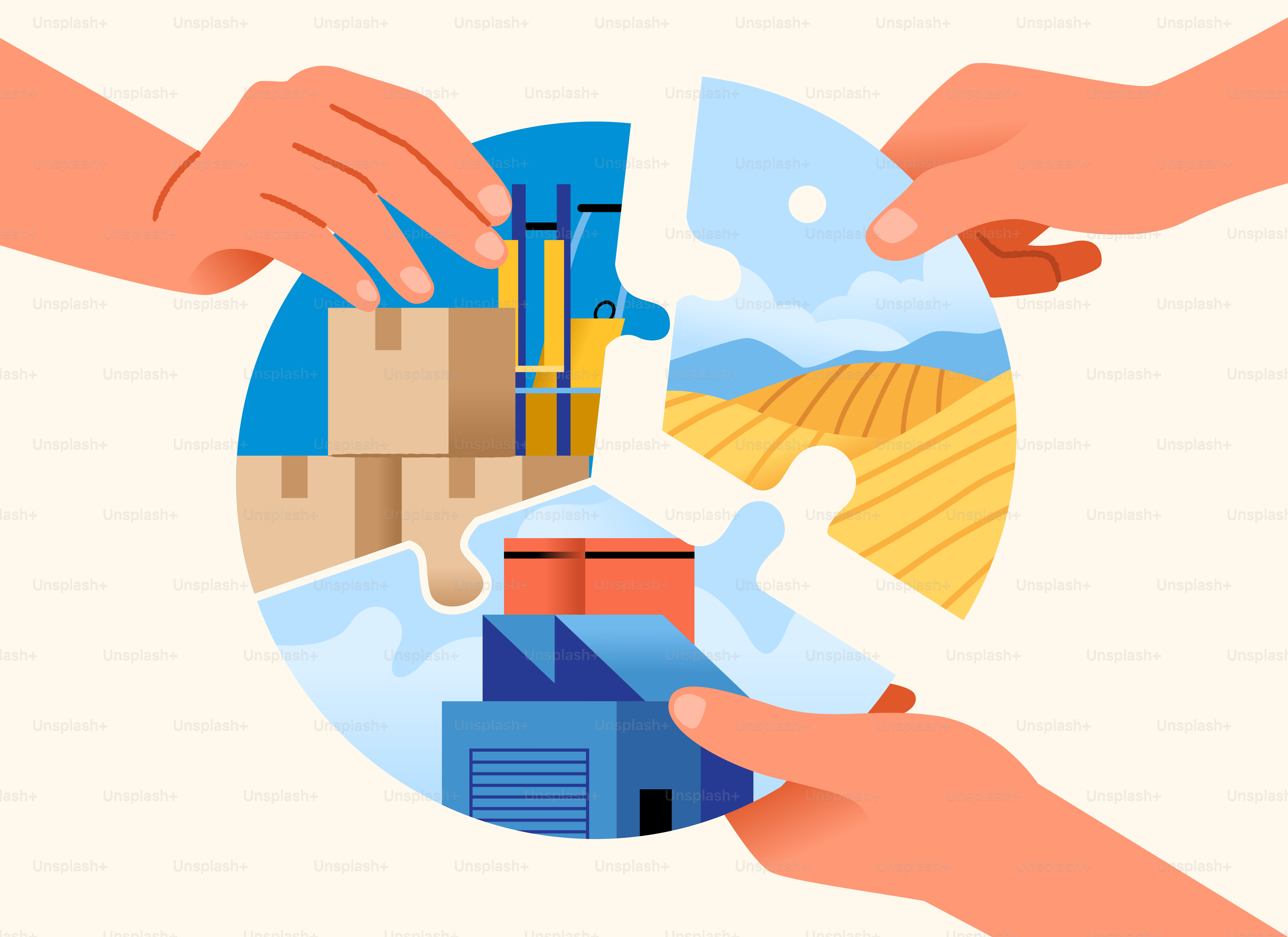 Die Hände setzen Puzzleteile zusammen, die Industrie, Landwirtschaft und Logistik zeigen.