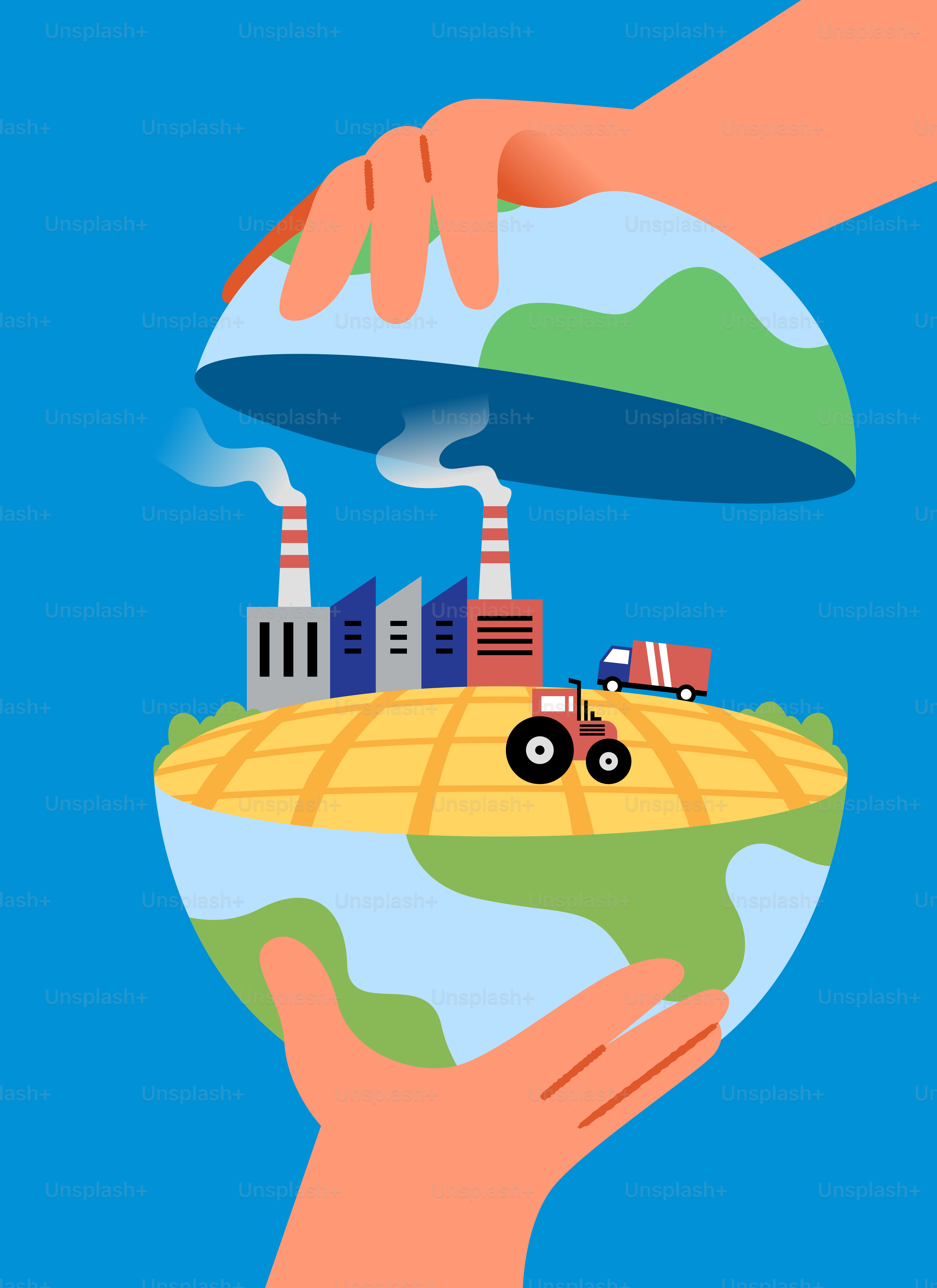 Hände halten eine Welt, die Industrie und Landwirtschaft zeigt.