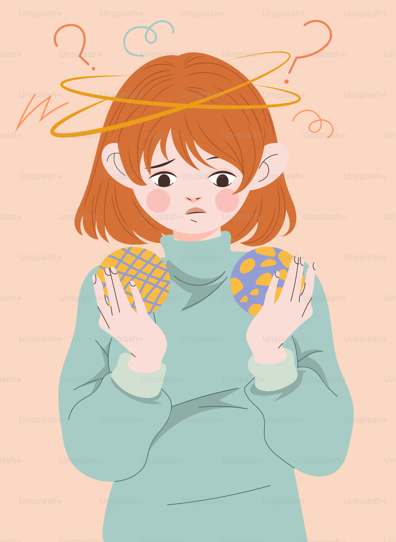 Verwirrte Frau, die zwei gemusterte Kugeln hält