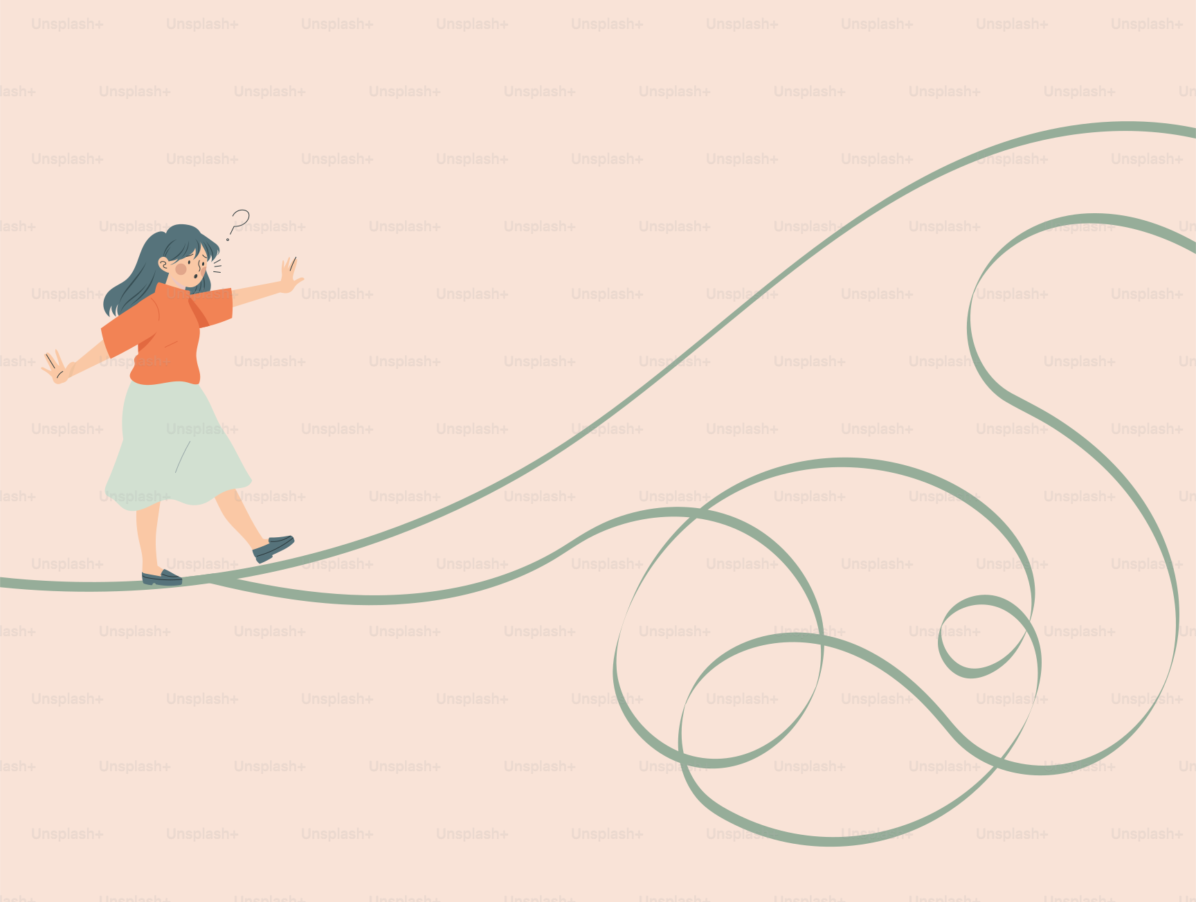 Eine Frau geht vorsichtig auf einer dünnen, gewundenen Leine.