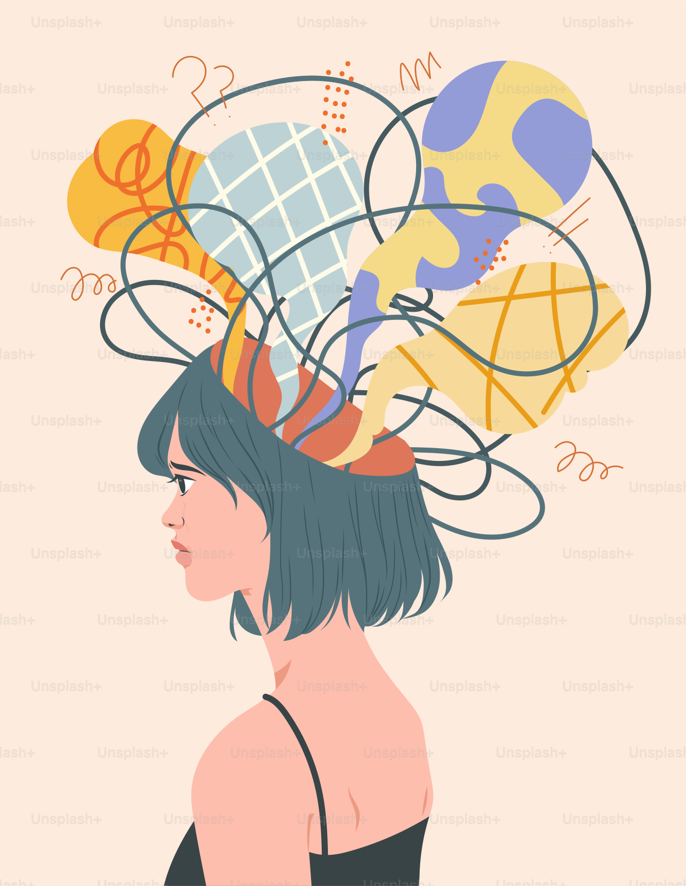 Frau mit abstrakten Gedanken im Kopf