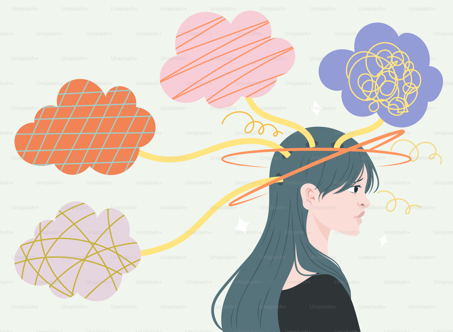 Junge Frau mit wirren Gedanken über dem Kopf