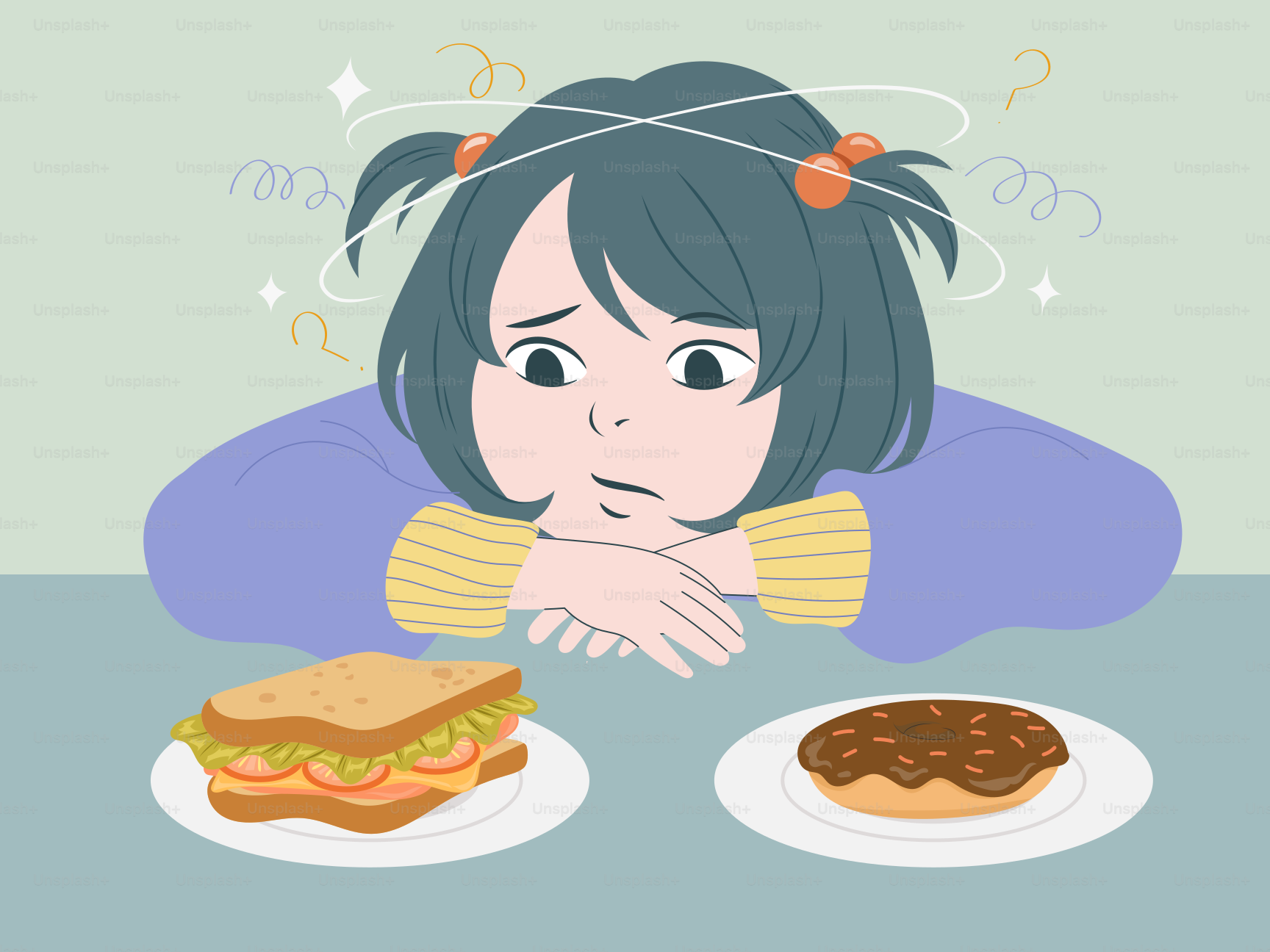 Ein Mädchen sieht verwirrt zwischen einem Sandwich und einem Donut aus.