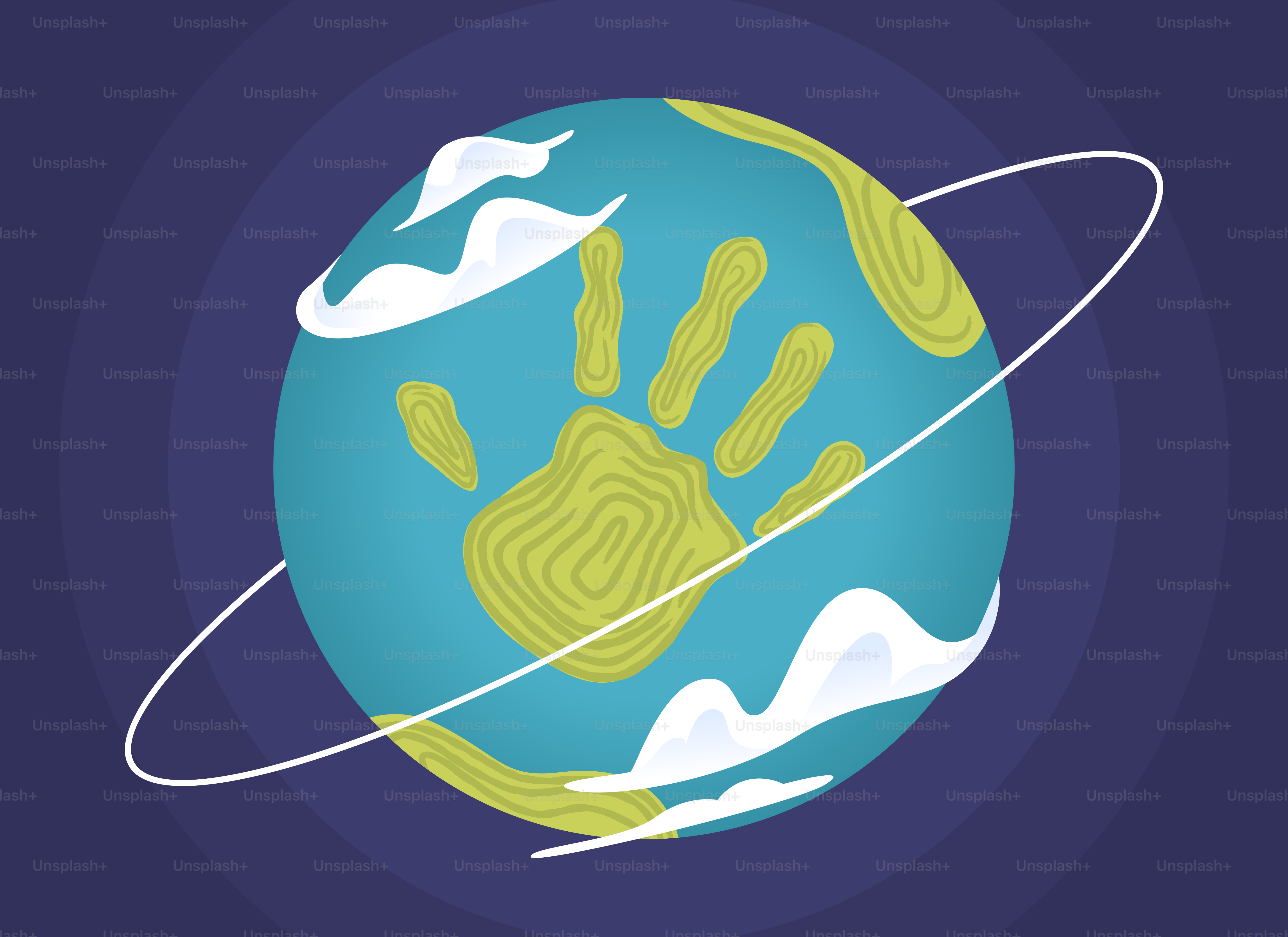 Erde mit einem Handabdruck und Wolken