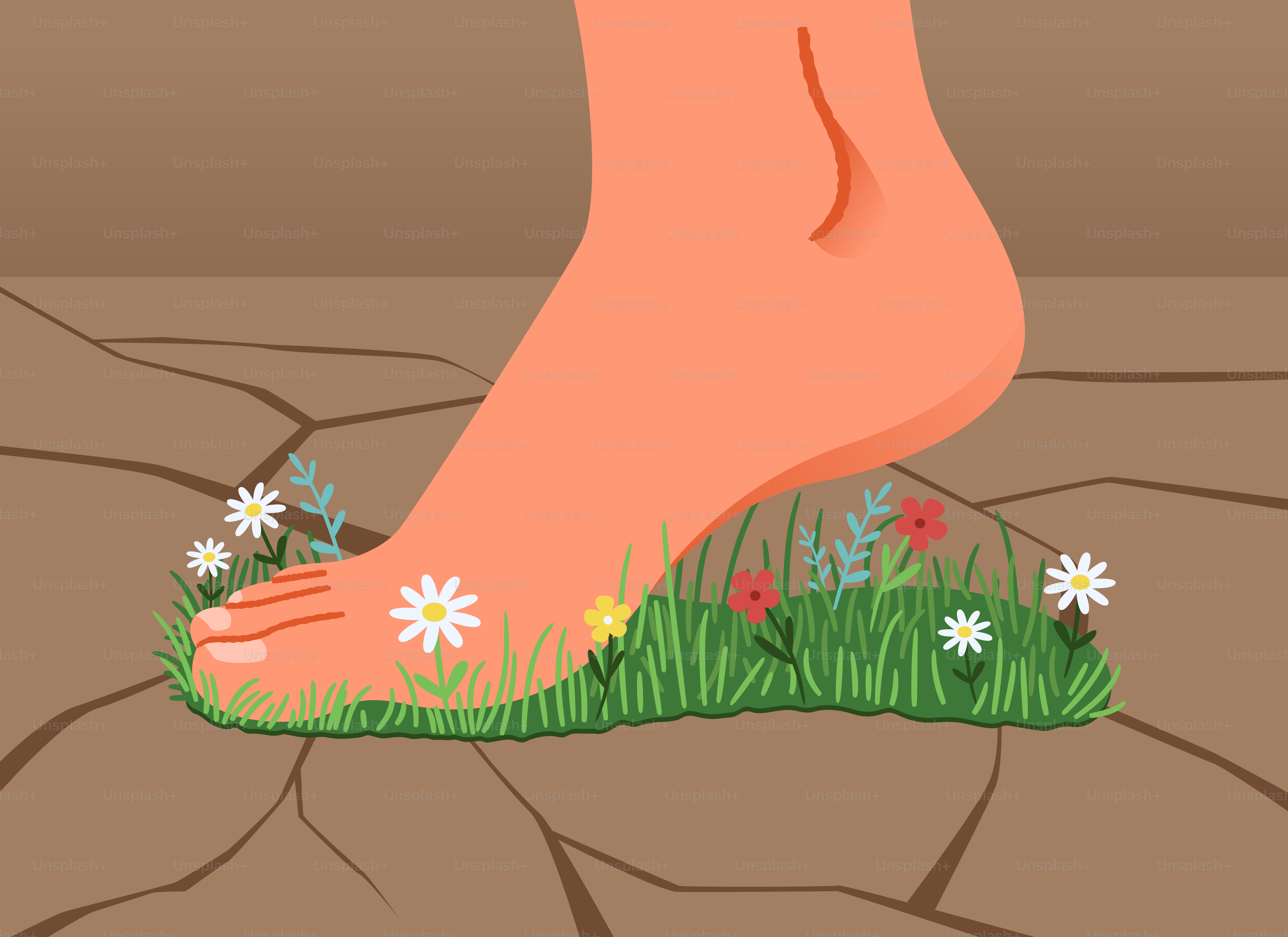 Ein Fuß, der auf ein Blumengras tritt.