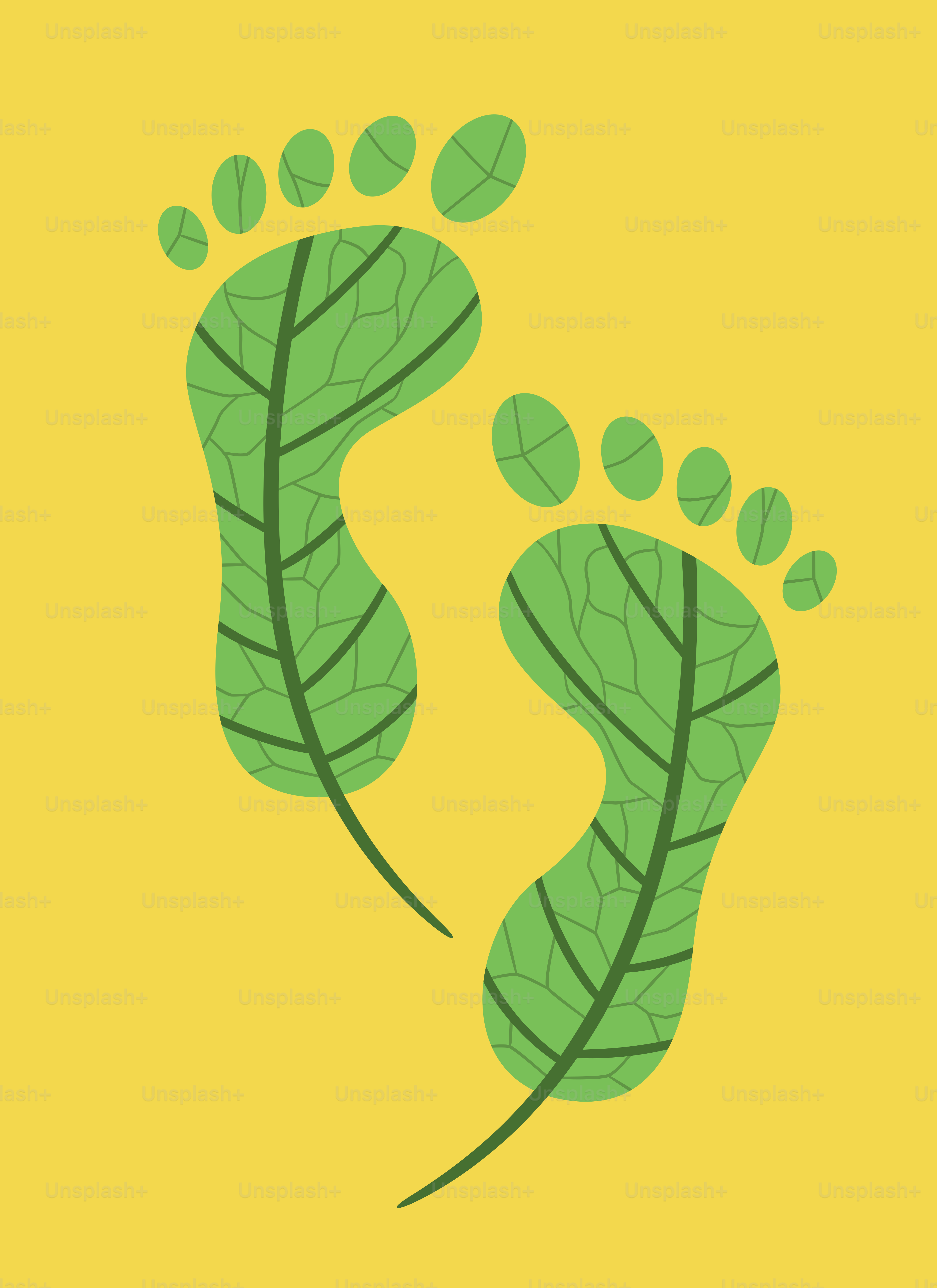 Grüne Fußabdrücke aus Blättern auf gelbem Hintergrund