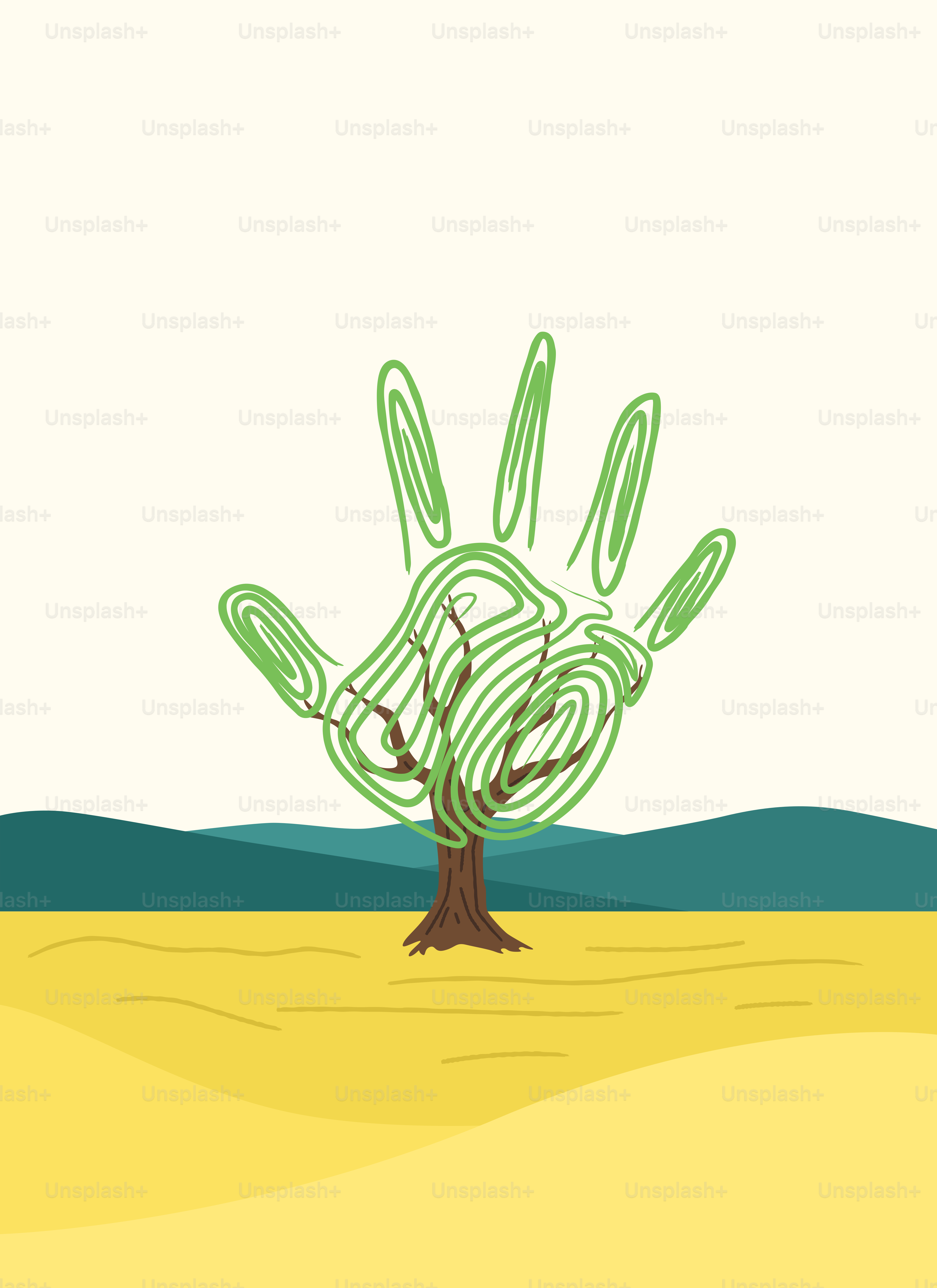 Baum in Form einer Hand in einer trockenen Landschaft