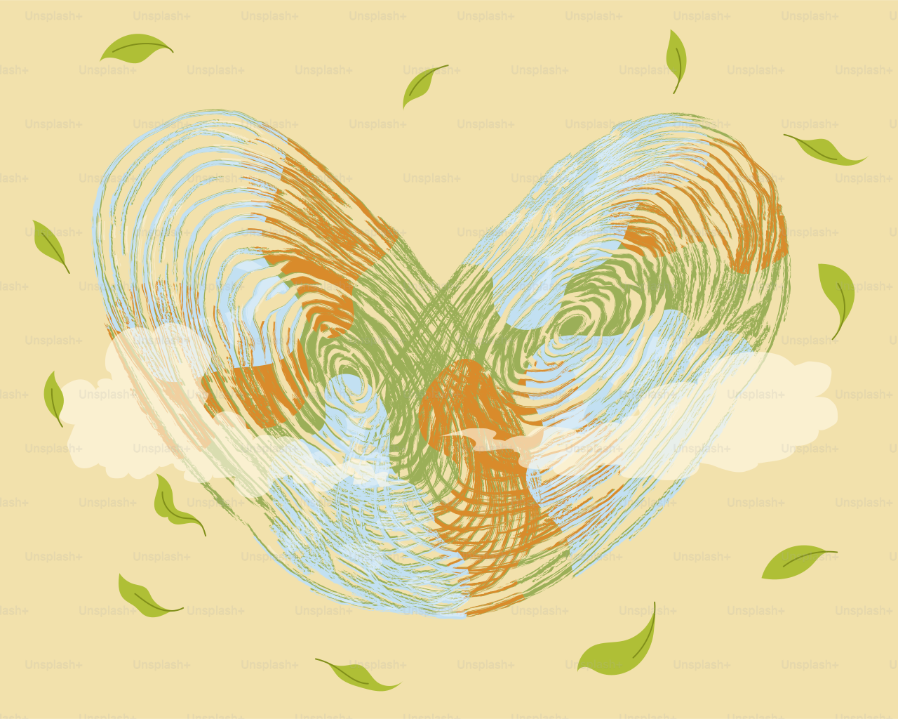 Herzförmige Erde mit Blättern und Wolken