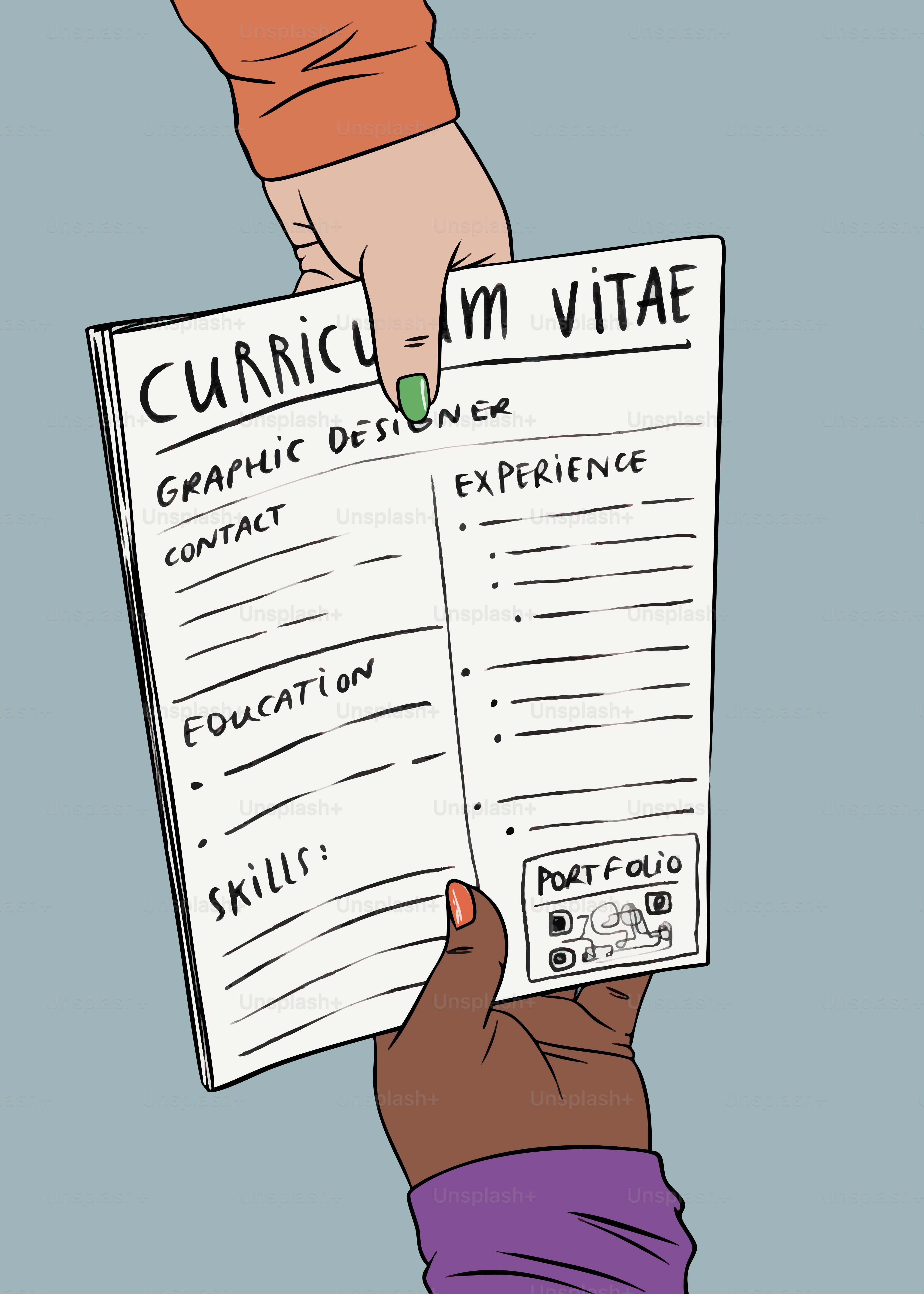 Hände tauschen den Lebenslauf eines Grafikdesigners aus.