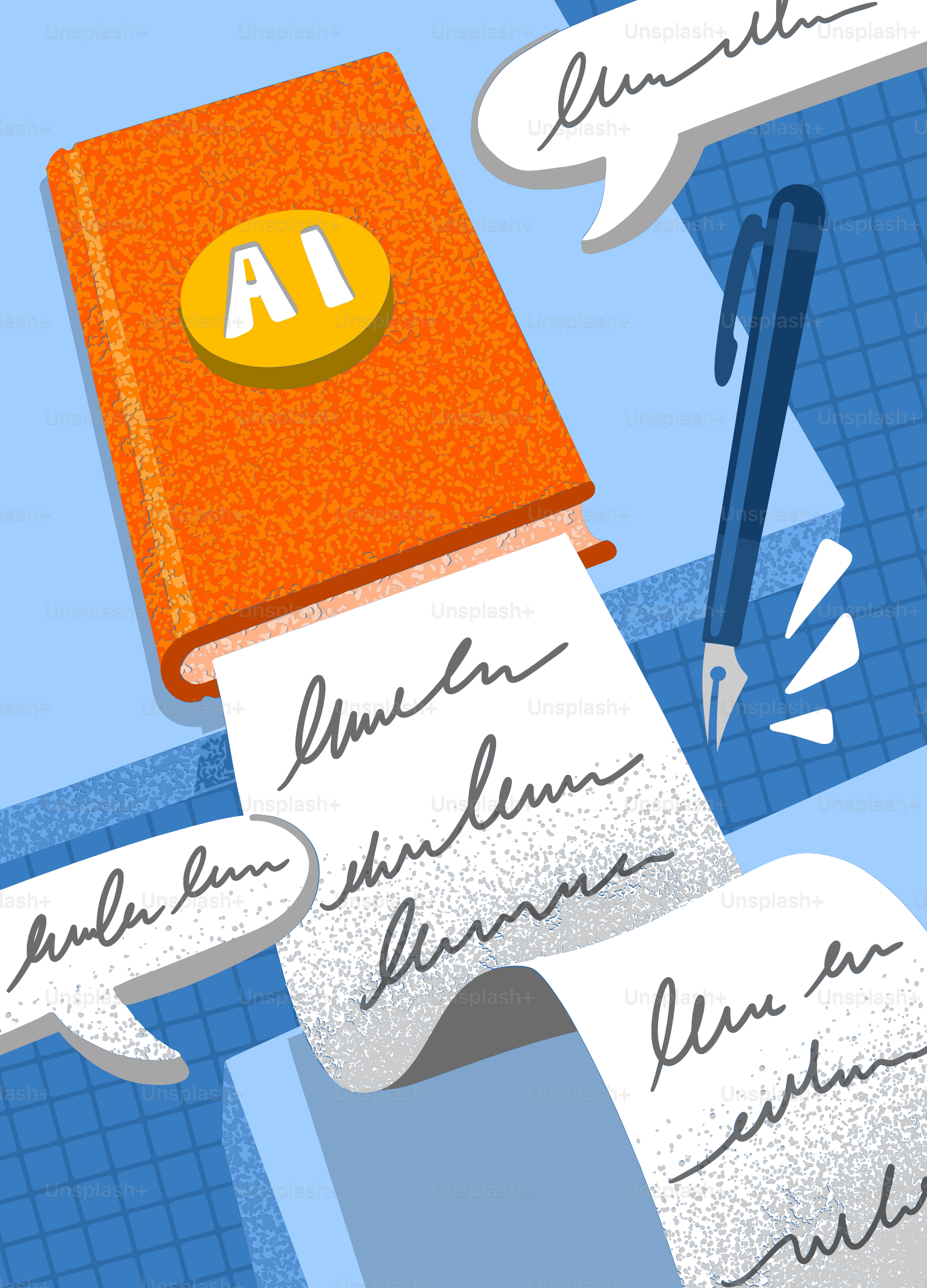 Carnet orange avec étiquette IA, stylo et bulles de dialogue.